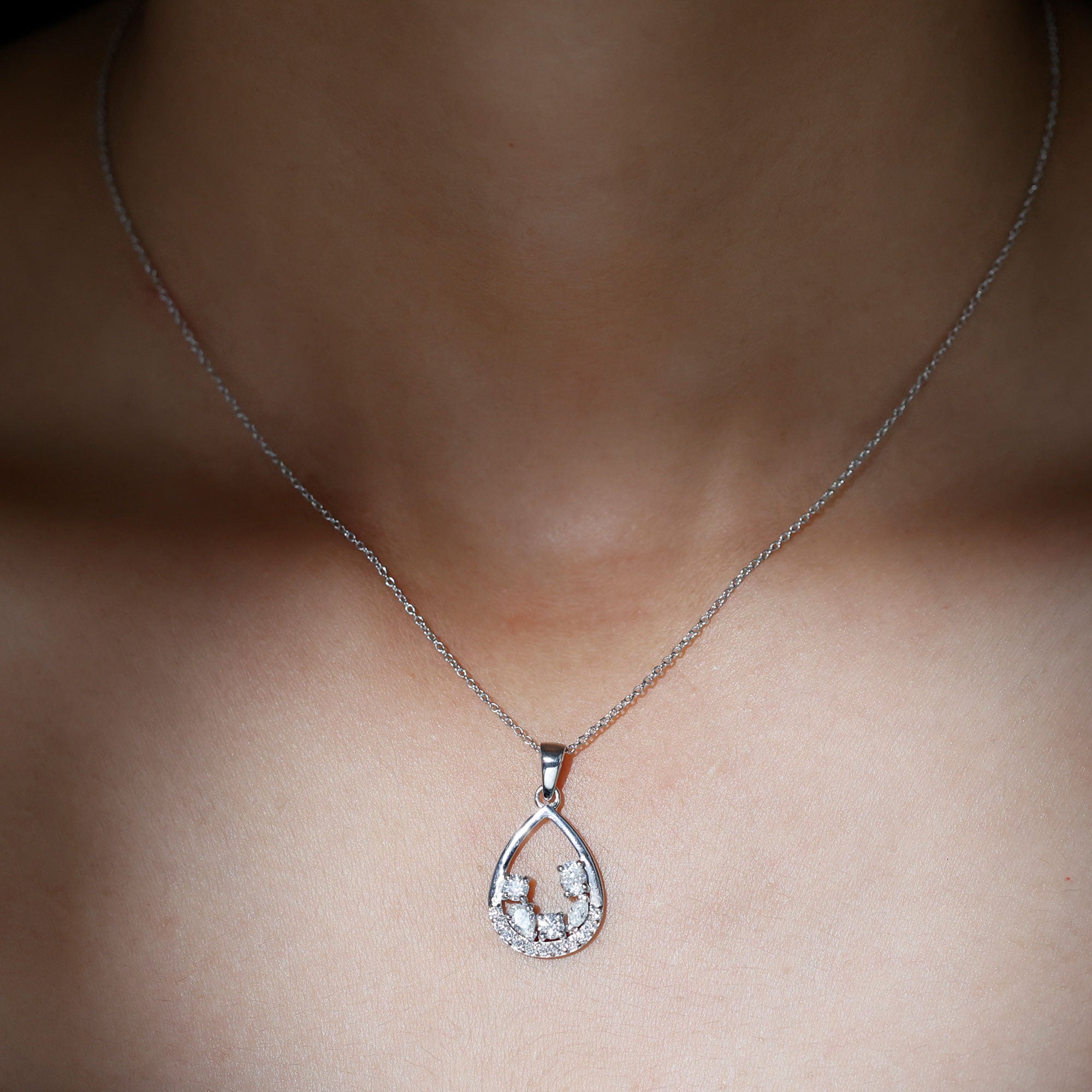 Designer Moissanite Teardrop Pendant Necklace in Silver - Rosec Jewels