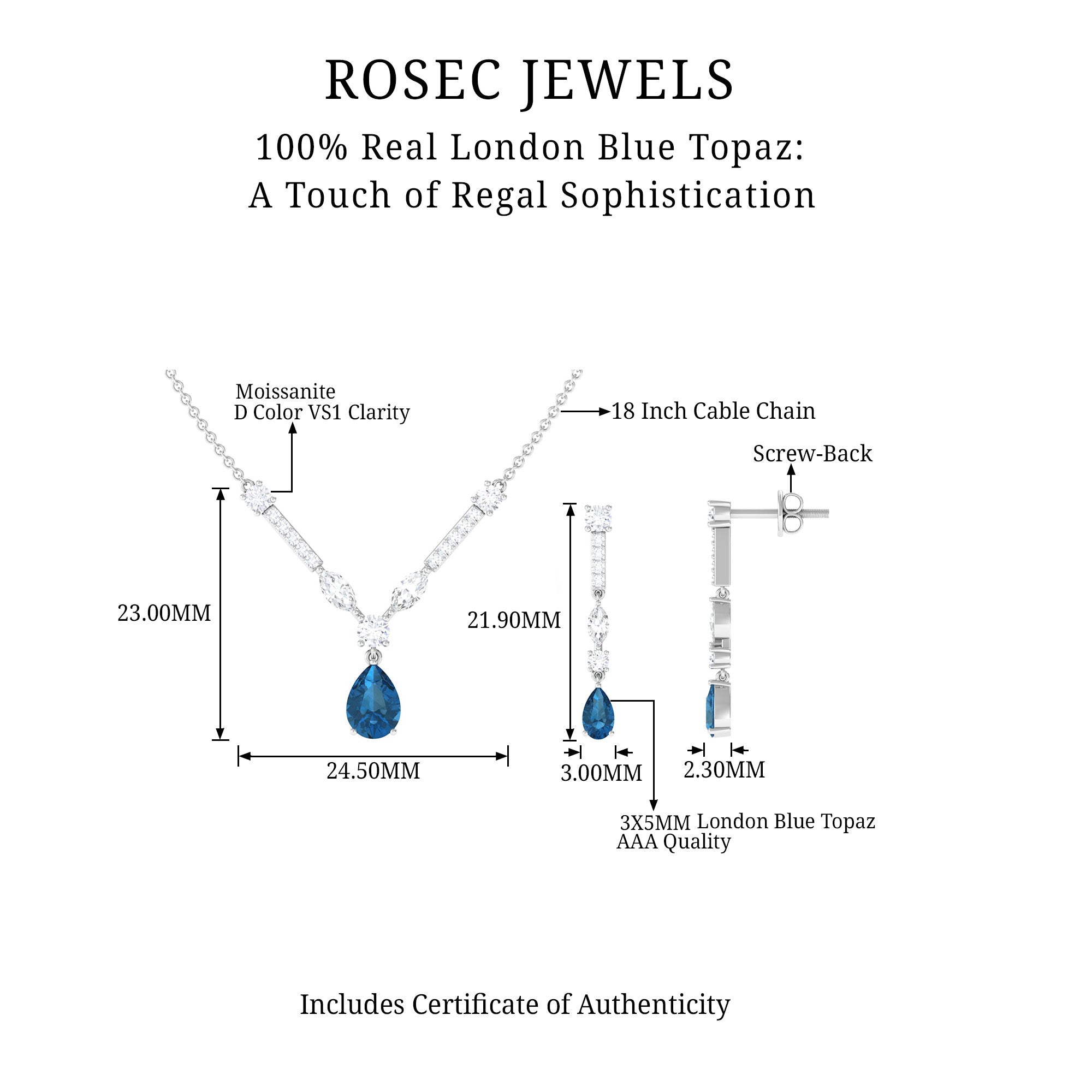 London Blue Topaz and Moissanite Drop Necklace Earrings Set London Blue Topaz - ( AAA ) - Quality - Rosec Jewels