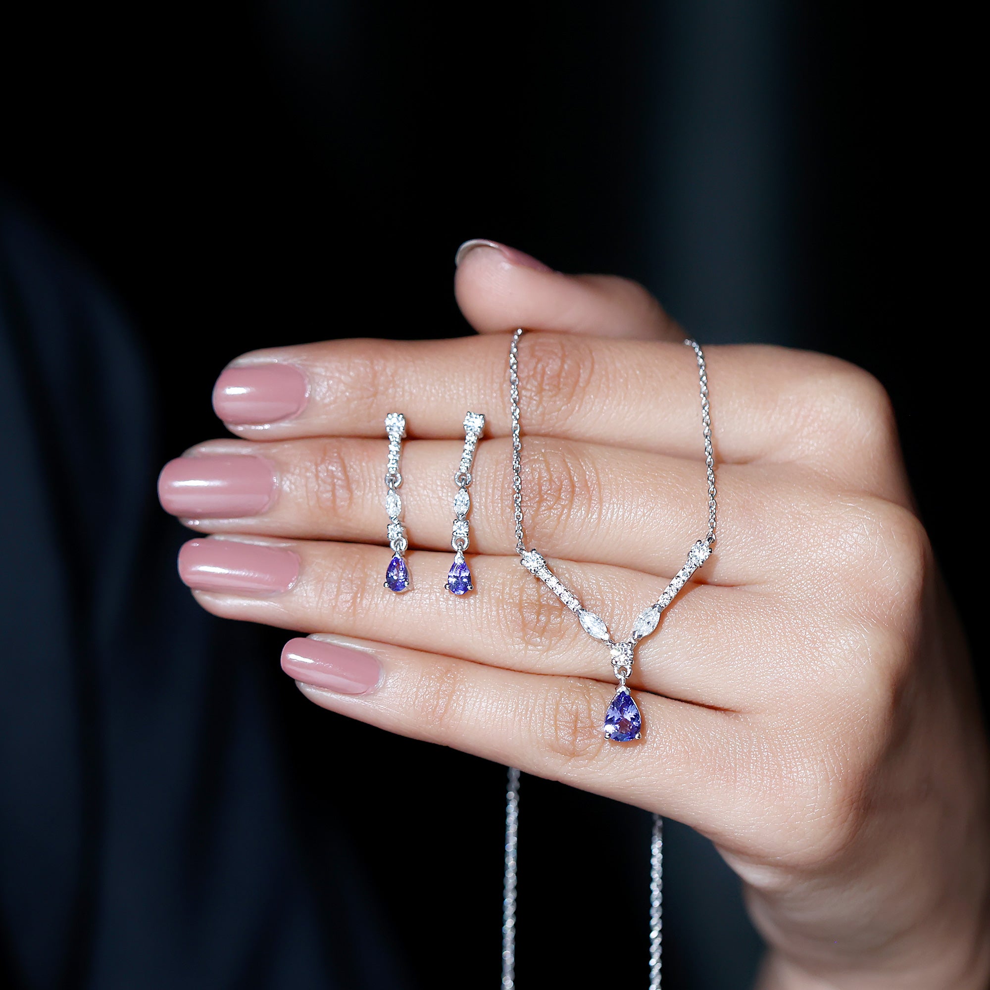 Tanzanite and Moissanite Drop Necklace Earrings Set Tanzanite - ( AAA ) - Quality - Rosec Jewels