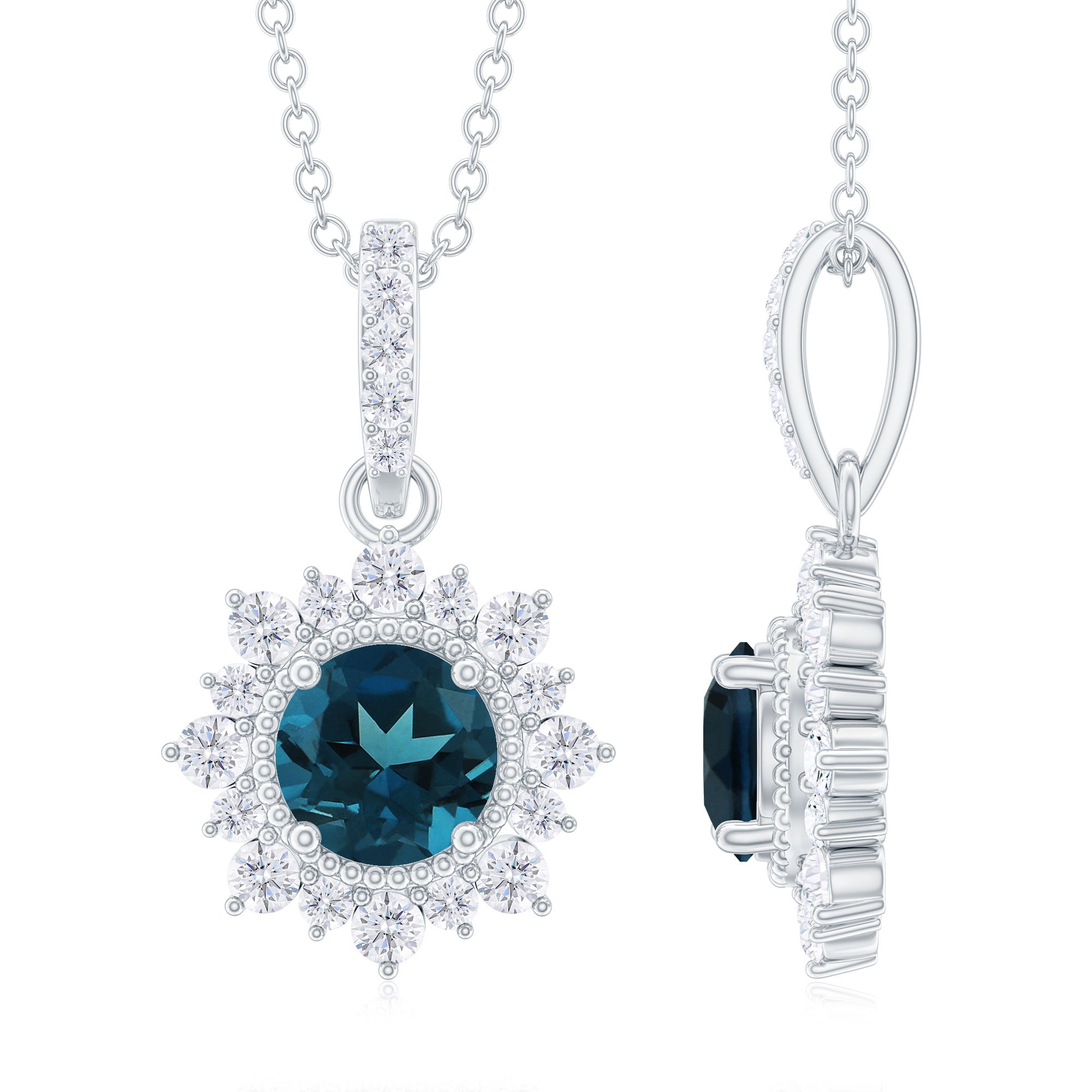 Round London Blue Topaz Halo Pendant with Diamond and Beaded Details London Blue Topaz - ( AAA ) - Quality - Rosec Jewels