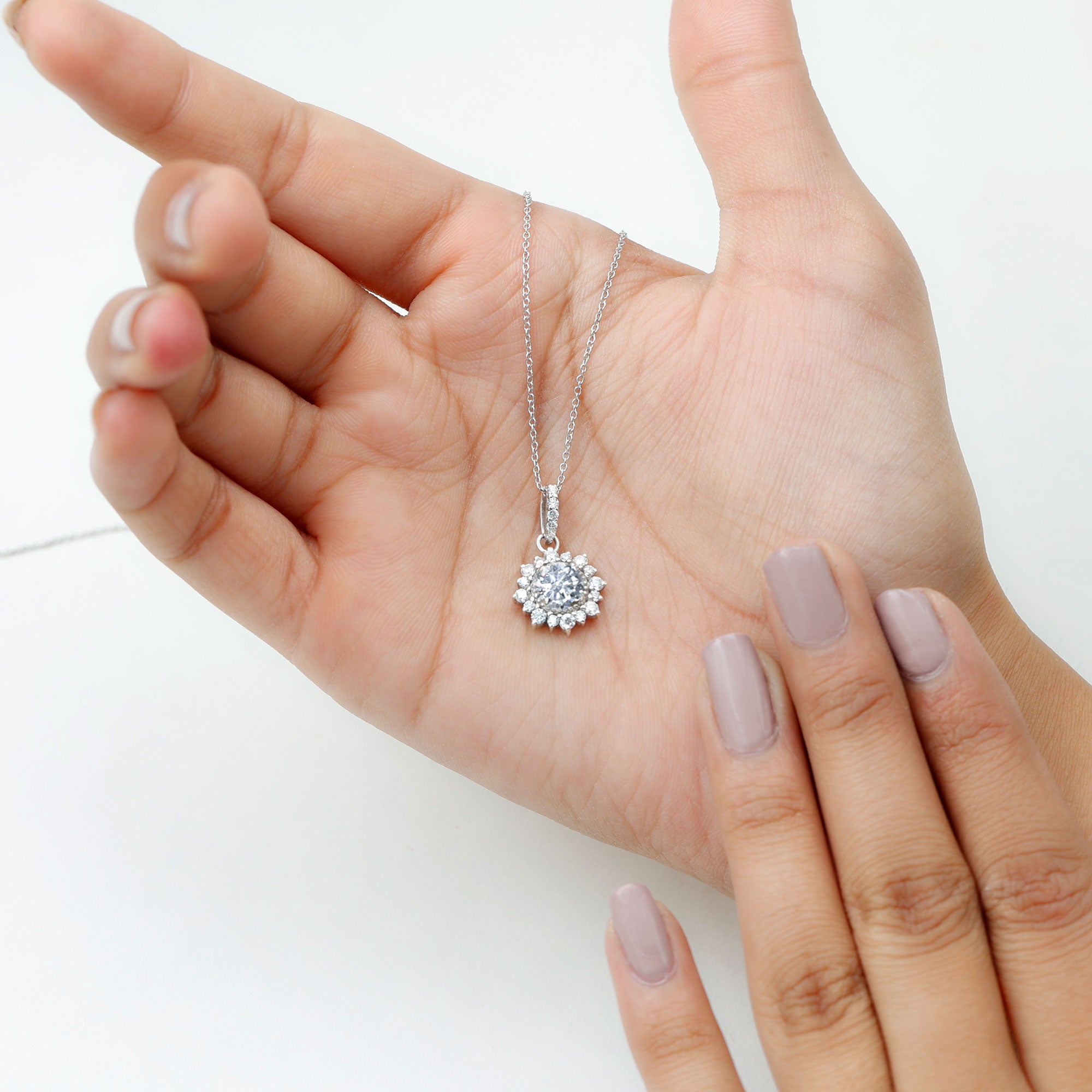 Round Moissanite Silver Halo Pendant with Beaded Detailing - Rosec Jewels