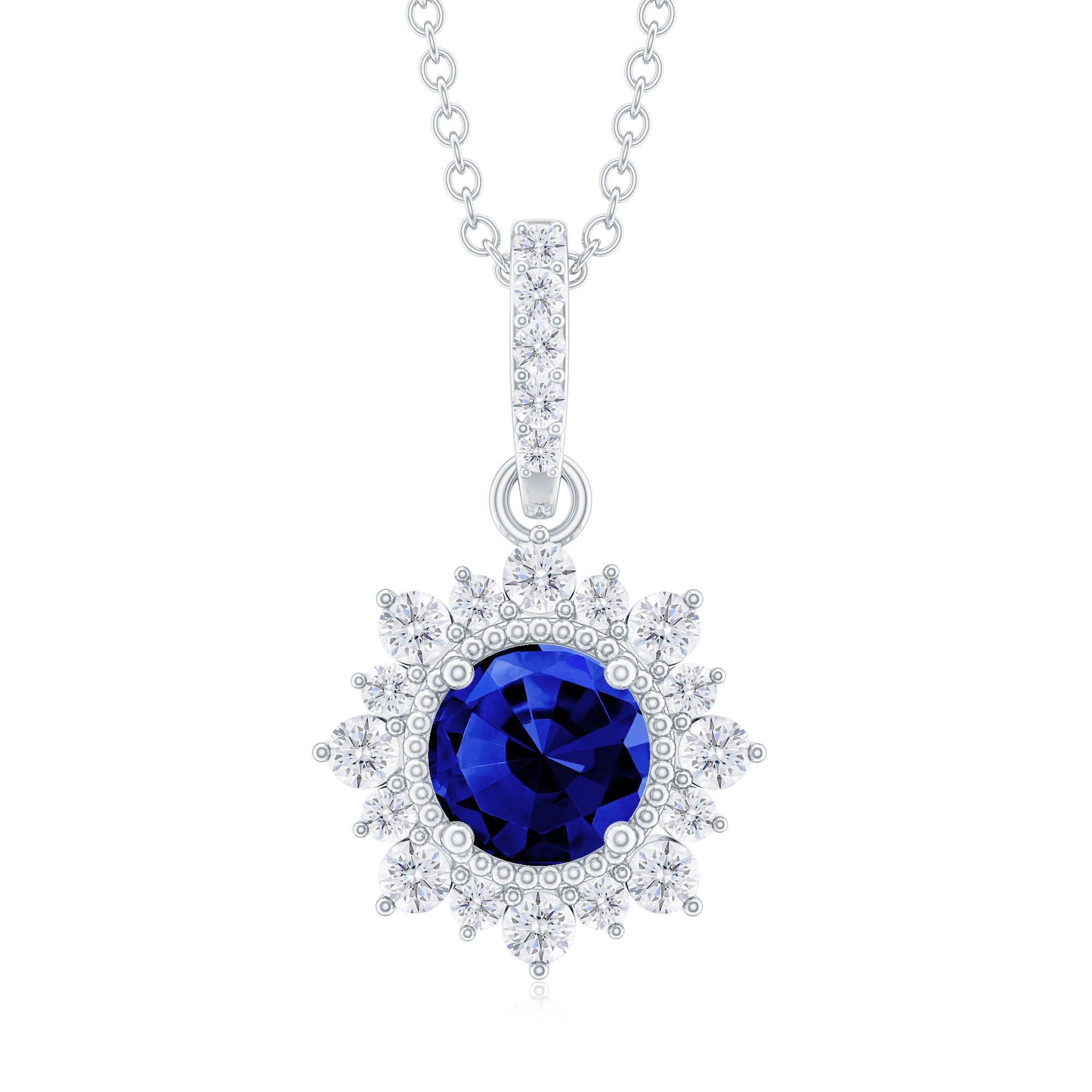 Round Created Blue Sapphire Halo Pendant with Diamond Lab Created Blue Sapphire - ( AAAA ) - Quality - Rosec Jewels