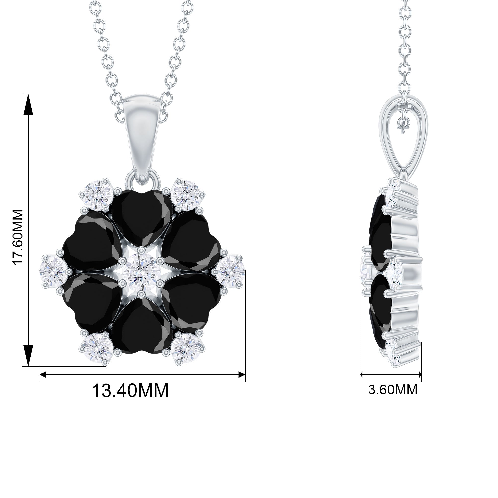 Heart Shape Created Black Diamond and Diamond Flower Pendant Lab Created Black Diamond - ( AAAA ) - Quality - Rosec Jewels