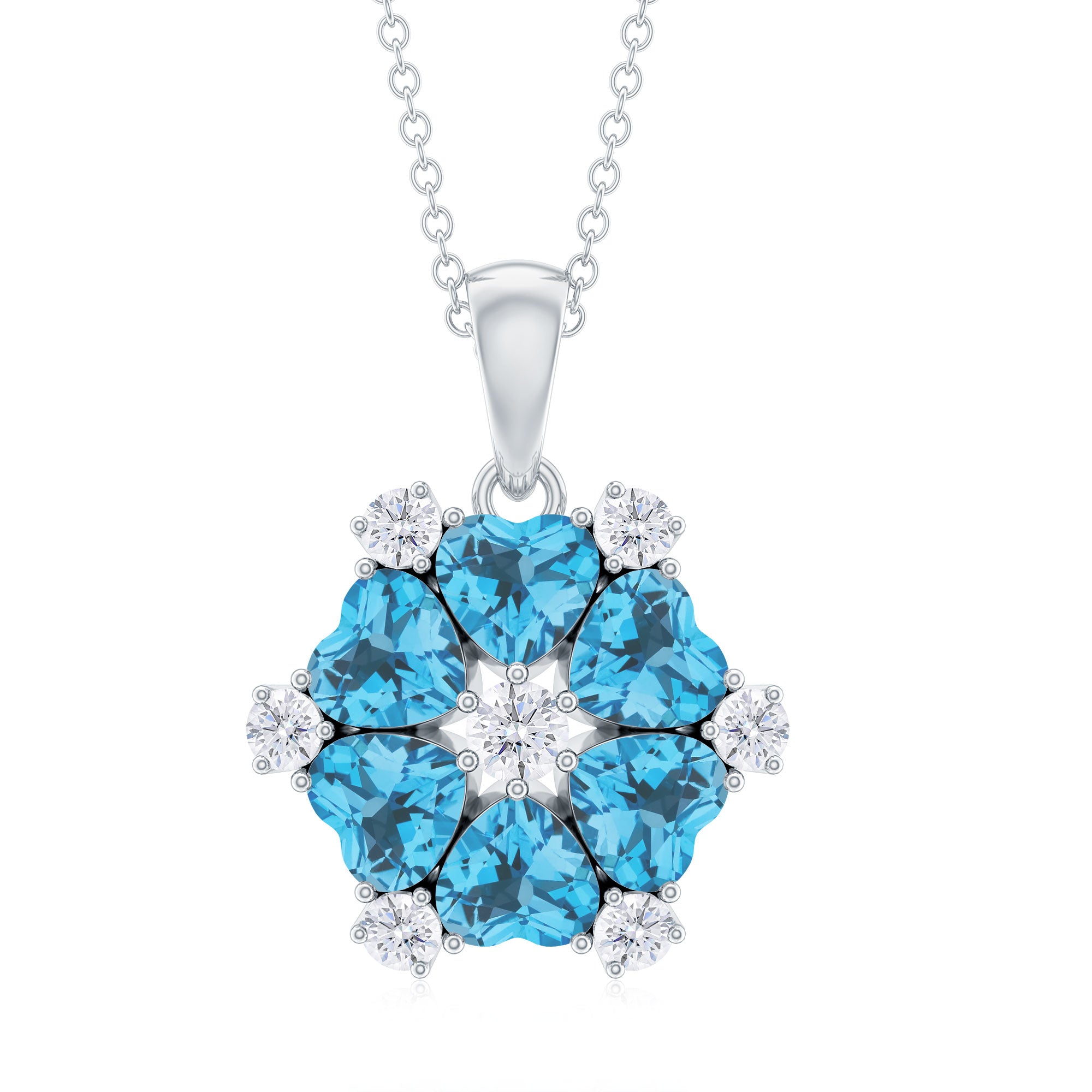 1.75 CT Heart Shape Swiss Blue Topaz and Diamond Flower Pendant Swiss Blue Topaz - ( AAA ) - Quality - Rosec Jewels