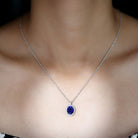 Oval Cut Created Blue Sapphire Silver Halo Pendant with Moissanite - Rosec Jewels