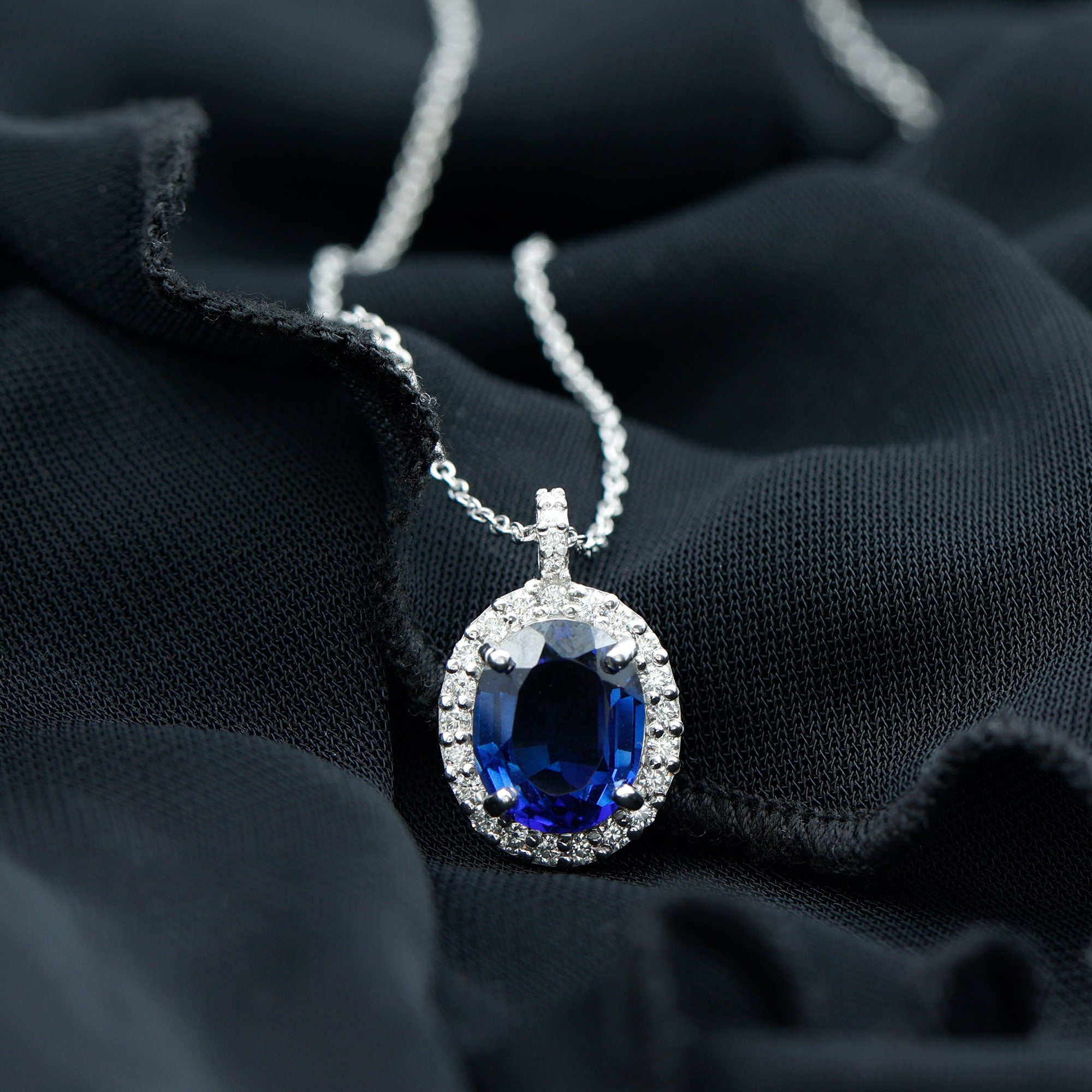 Oval Cut Created Blue Sapphire Halo Pendant with Moissanite Lab Created Blue Sapphire - ( AAAA ) - Quality - Rosec Jewels