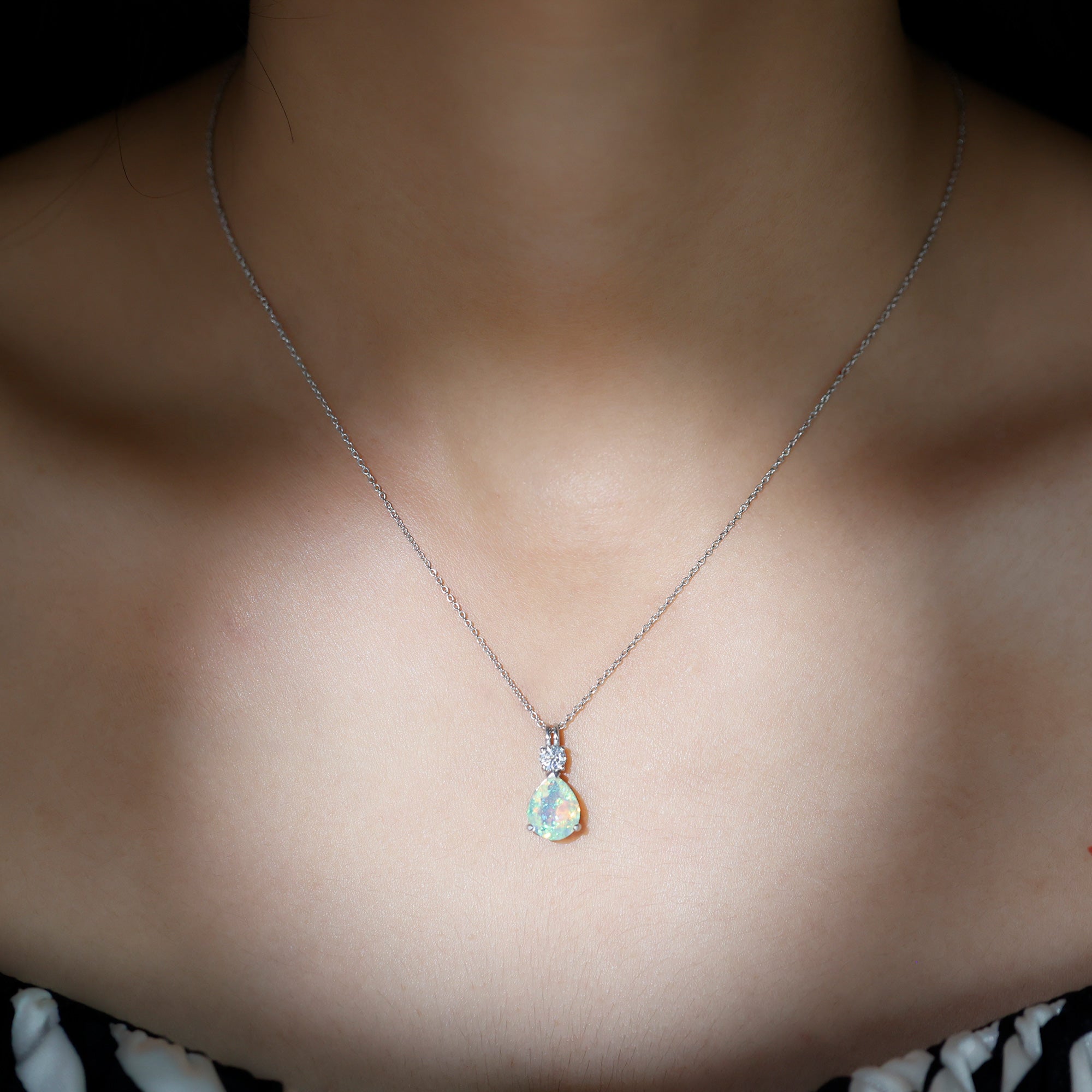 Simple Ethiopian Opal Teardrop Silver Pendant with Moissanite - Rosec Jewels