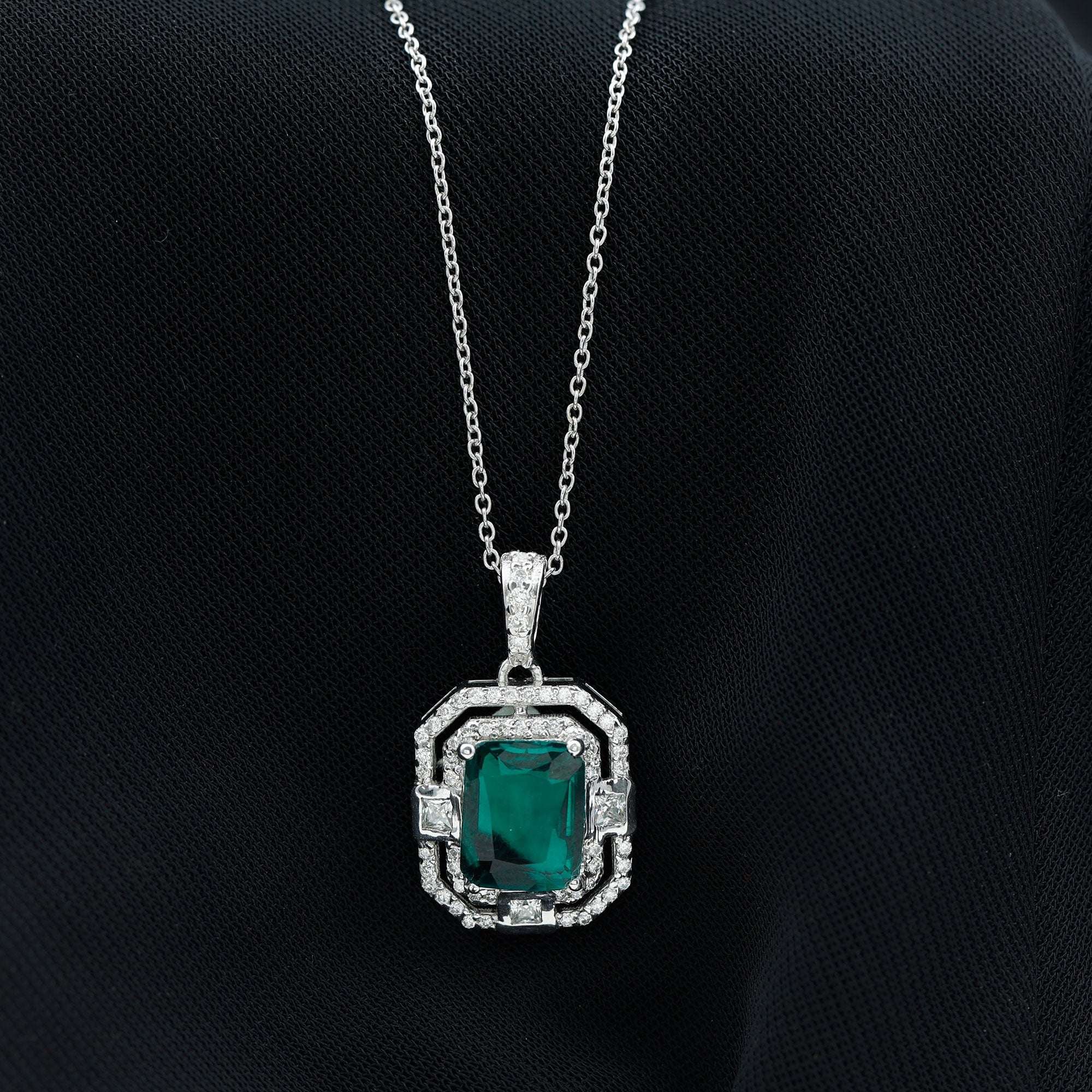 Vintage Inspired Octagon Cut Created Emerald and Moissanite Pendant Lab Created Emerald - ( AAAA ) - Quality - Rosec Jewels