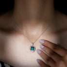 Vintage Inspired Octagon Cut Created Emerald and Moissanite Pendant in Silver - Rosec Jewels