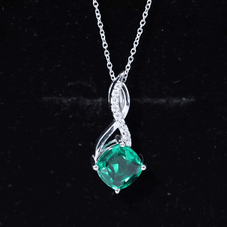 Cushion Cut Created Emerald Solitaire Silver Infinity Pendant with Moissanite - Rosec Jewels