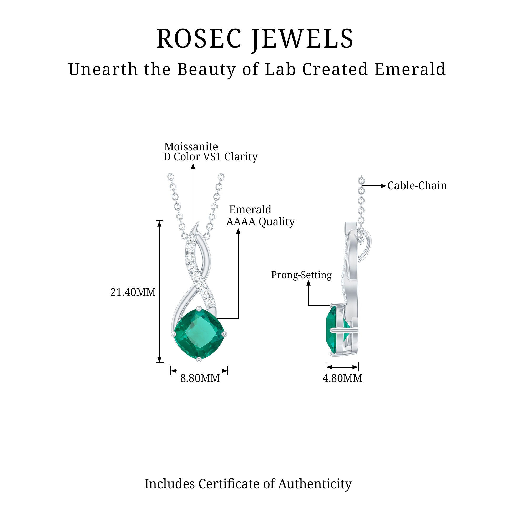 Cushion Cut Created Emerald Solitaire Infinity Pendant with Moissanite Lab Created Emerald - ( AAAA ) - Quality - Rosec Jewels