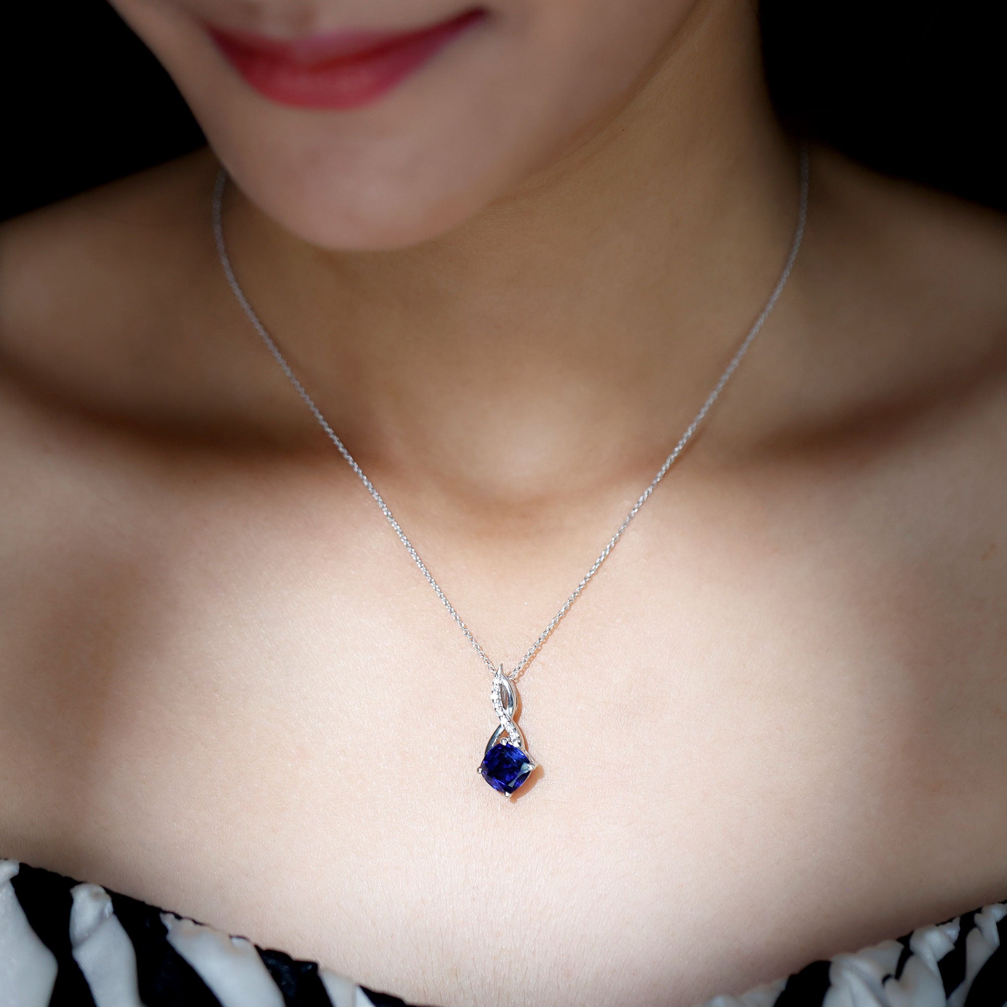 Cushion Cut Created Blue Sapphire Solitaire Silver Infinity Pendant with Moissanite - Rosec Jewels