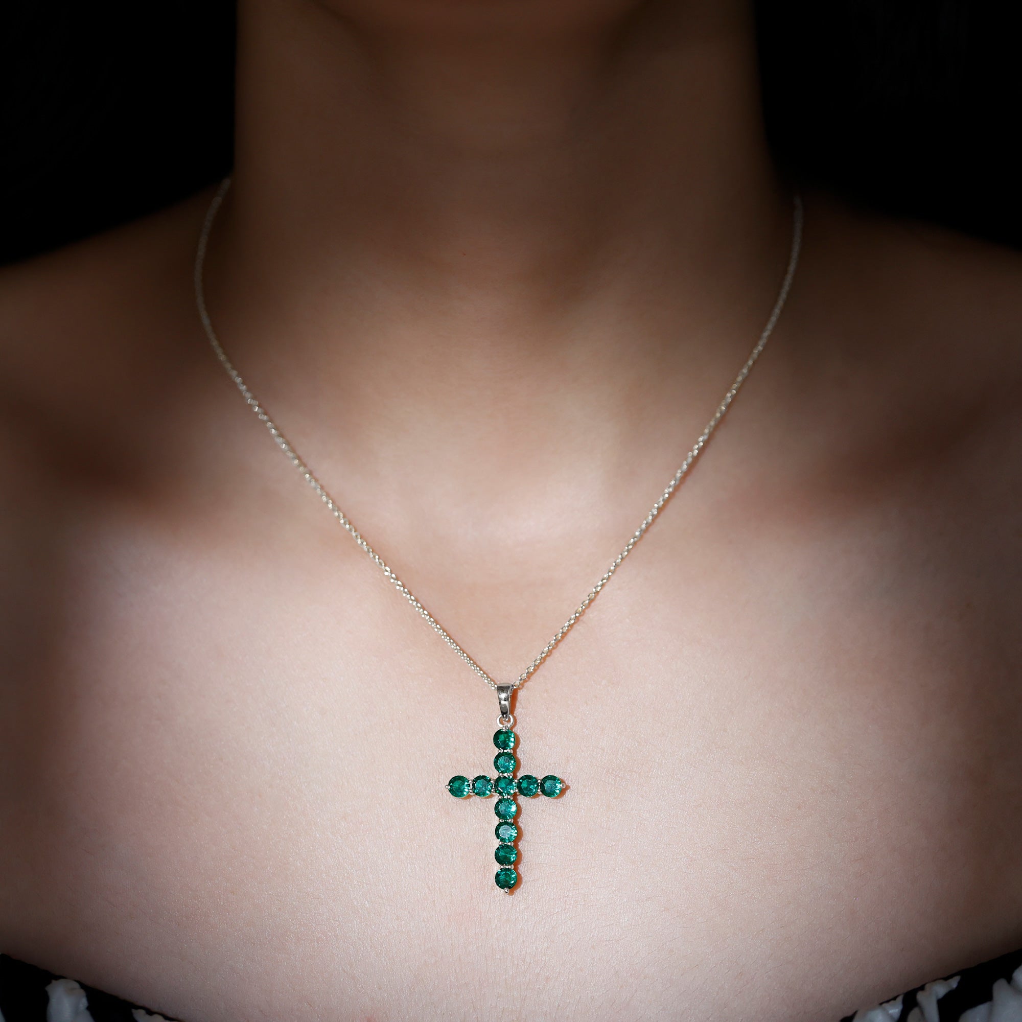 3 CT Created Emerald Cross Pendant Necklace in Gold Lab Created Emerald - ( AAAA ) - Quality - Rosec Jewels