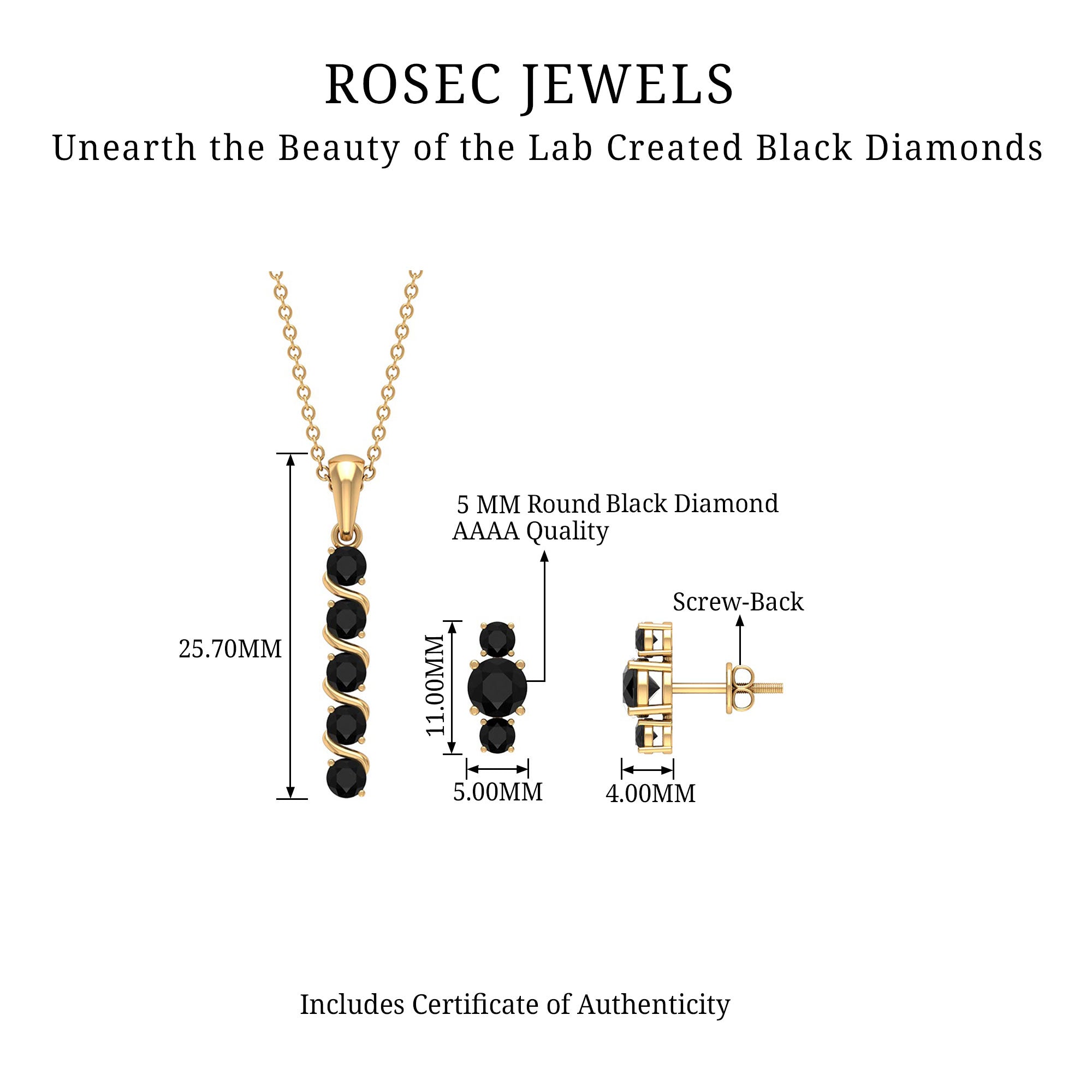 Lab Grown Black Diamond Bar Necklace and Earrings Set Lab Created Black Diamond - ( AAAA ) - Quality - Rosec Jewels