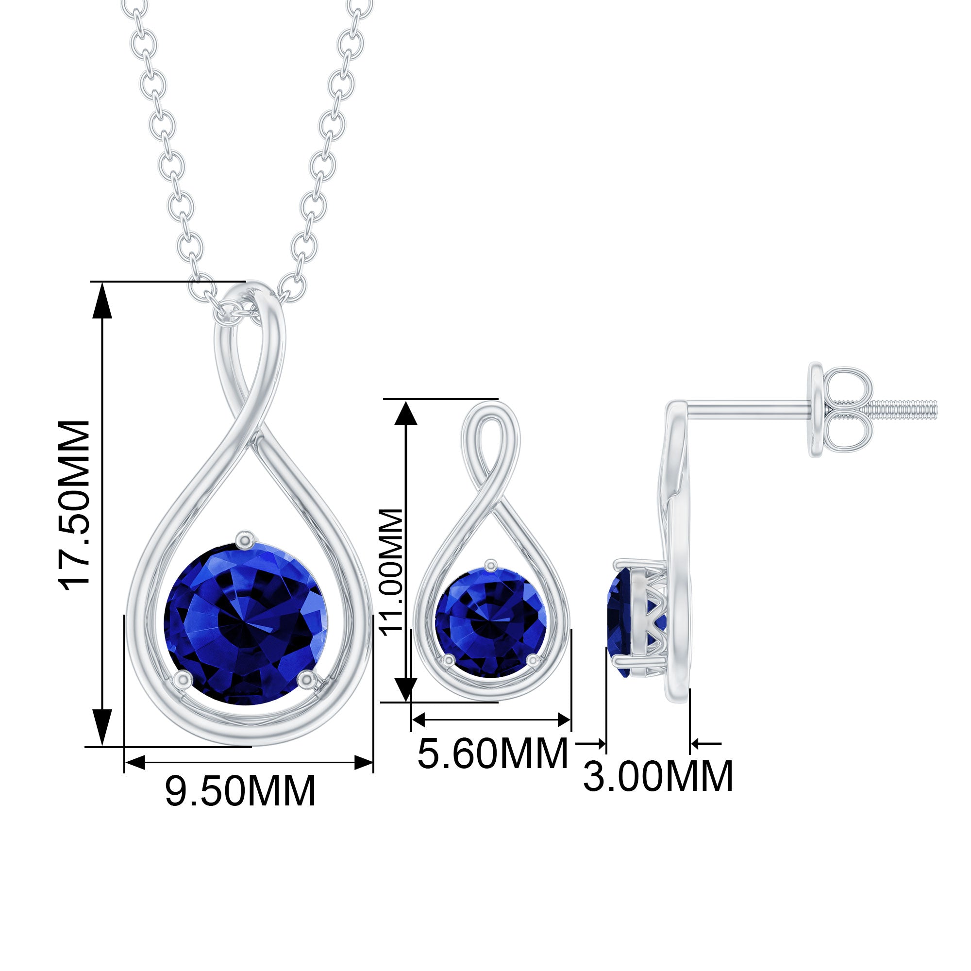 Solitaire Lab Created Blue Sapphire Infinity Pendant and Earrings Set Lab Created Blue Sapphire - ( AAAA ) - Quality - Rosec Jewels