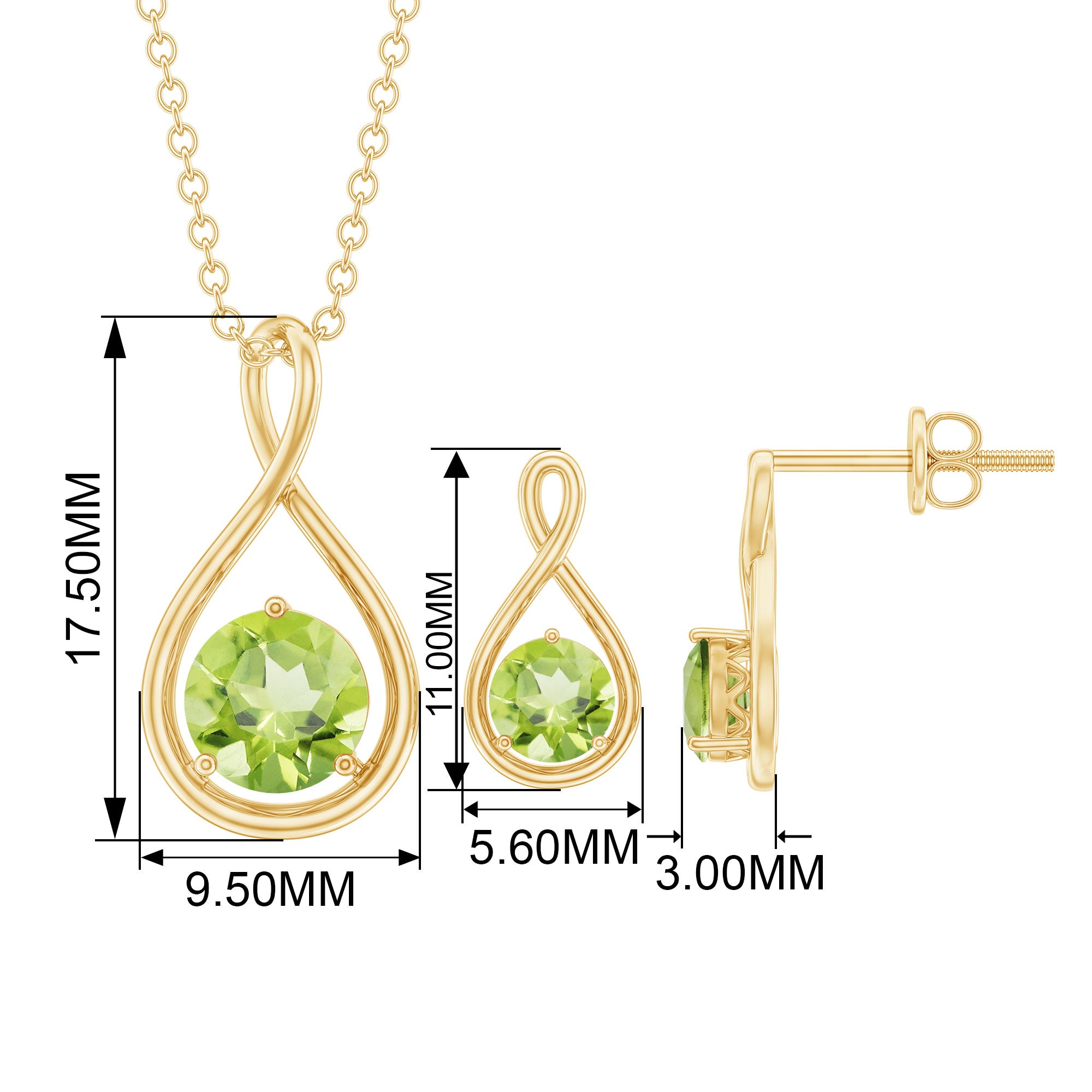 Peridot Solitaire Pendant and Earring Set with Infinity Design Peridot - ( AAA ) - Quality - Rosec Jewels