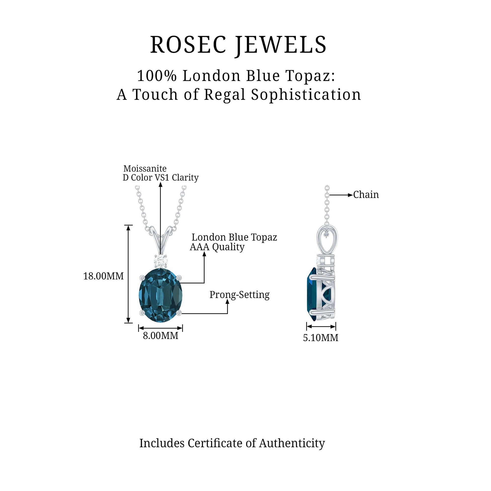 Oval London Blue Topaz Solitaire Silver Pendant with Round Moissanite - Rosec Jewels