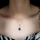 Oval Cut Created Blue Sapphire and Moissanite Silver Floral Statement Pendant - Rosec Jewels