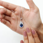 Oval Cut Created Blue Sapphire and Moissanite Silver Floral Statement Pendant - Rosec Jewels