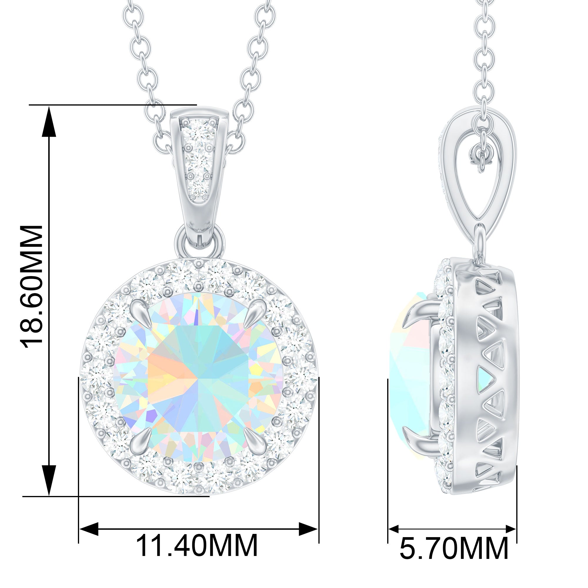 Real Ethiopian Opal and Moissanite Halo Pendant Necklace in Silver - Rosec Jewels