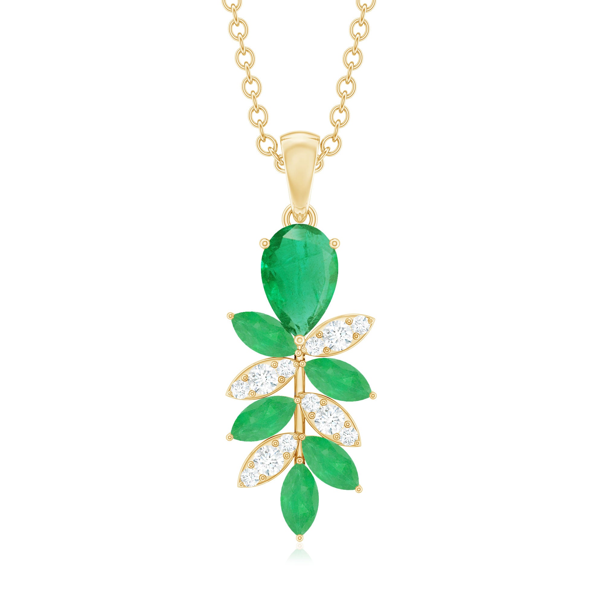 Designer Emerald and Diamond Leaf Pendant Necklace Emerald - ( AAA ) - Quality - Rosec Jewels