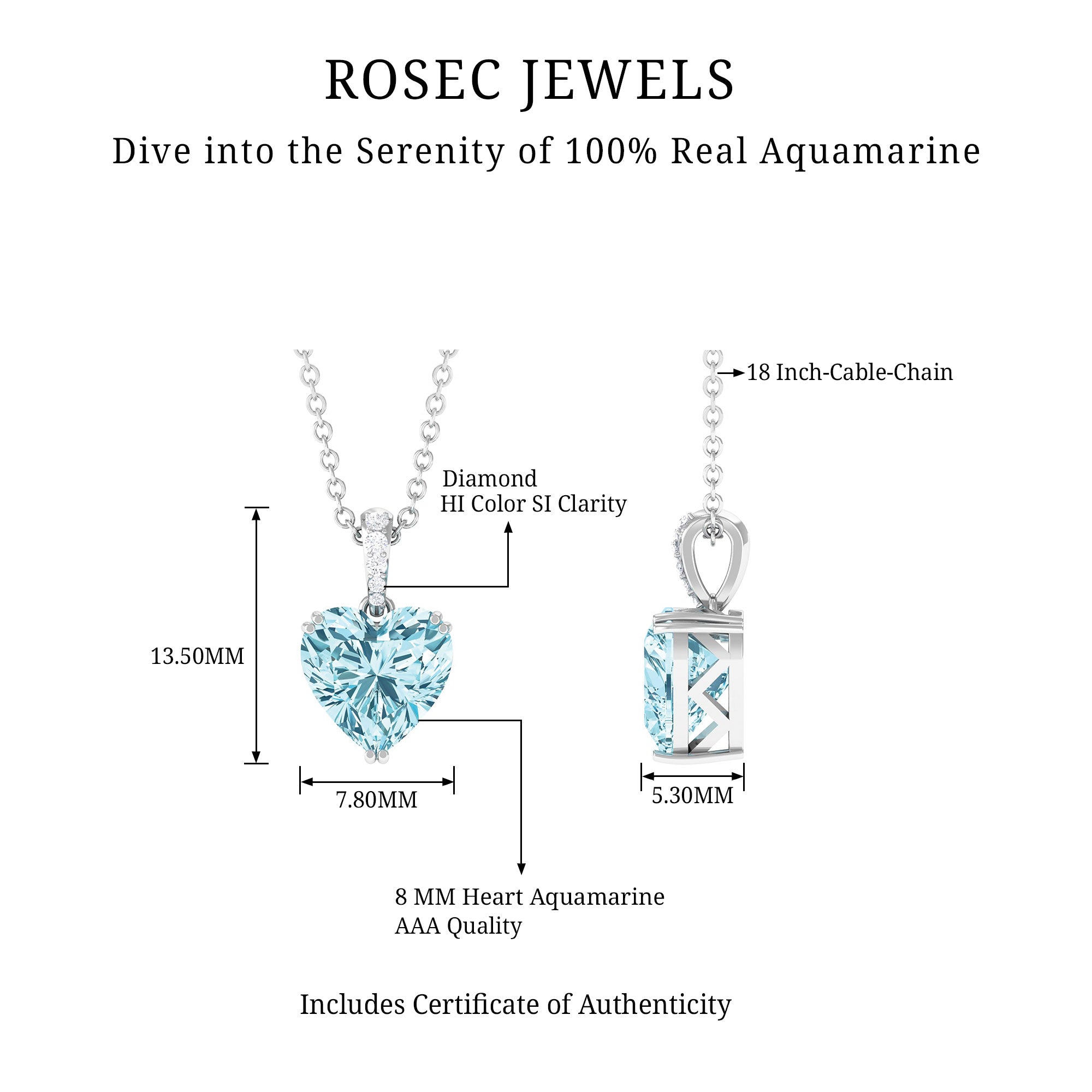 8X8 MM Heart Shape Aquamarine Pendant in Double Prong Setting with Diamond Accent Bail Aquamarine - ( AAA ) - Quality - Rosec Jewels