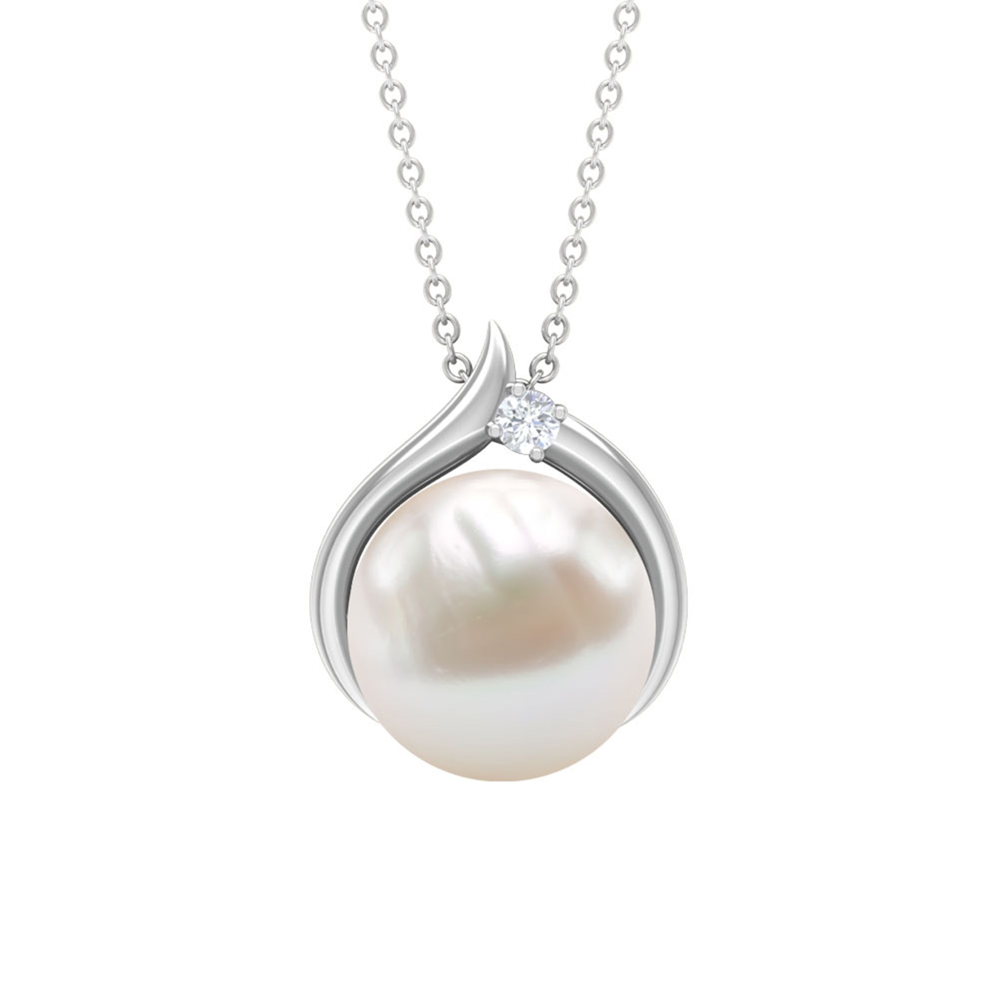 Rosec Jewels-11 CT Bead Set Freshwater Pearl Solitaire Pendant with Diamond