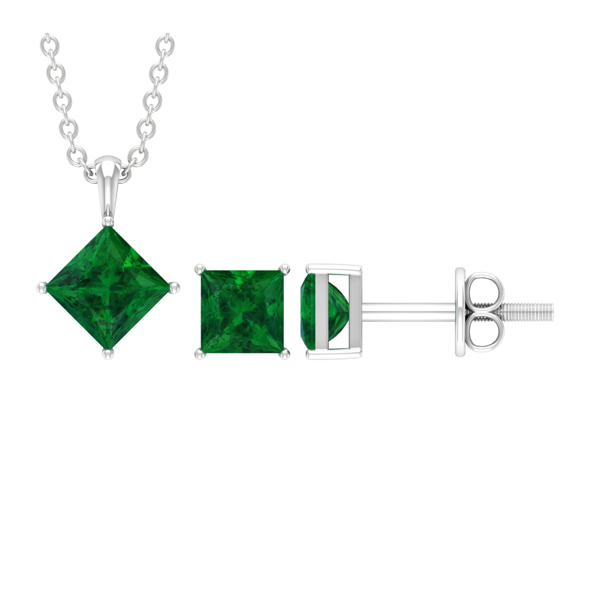 2 CT Princess Cut Emerald Solitaire Jewelry Set Emerald - ( AAA ) - Quality - Rosec Jewels