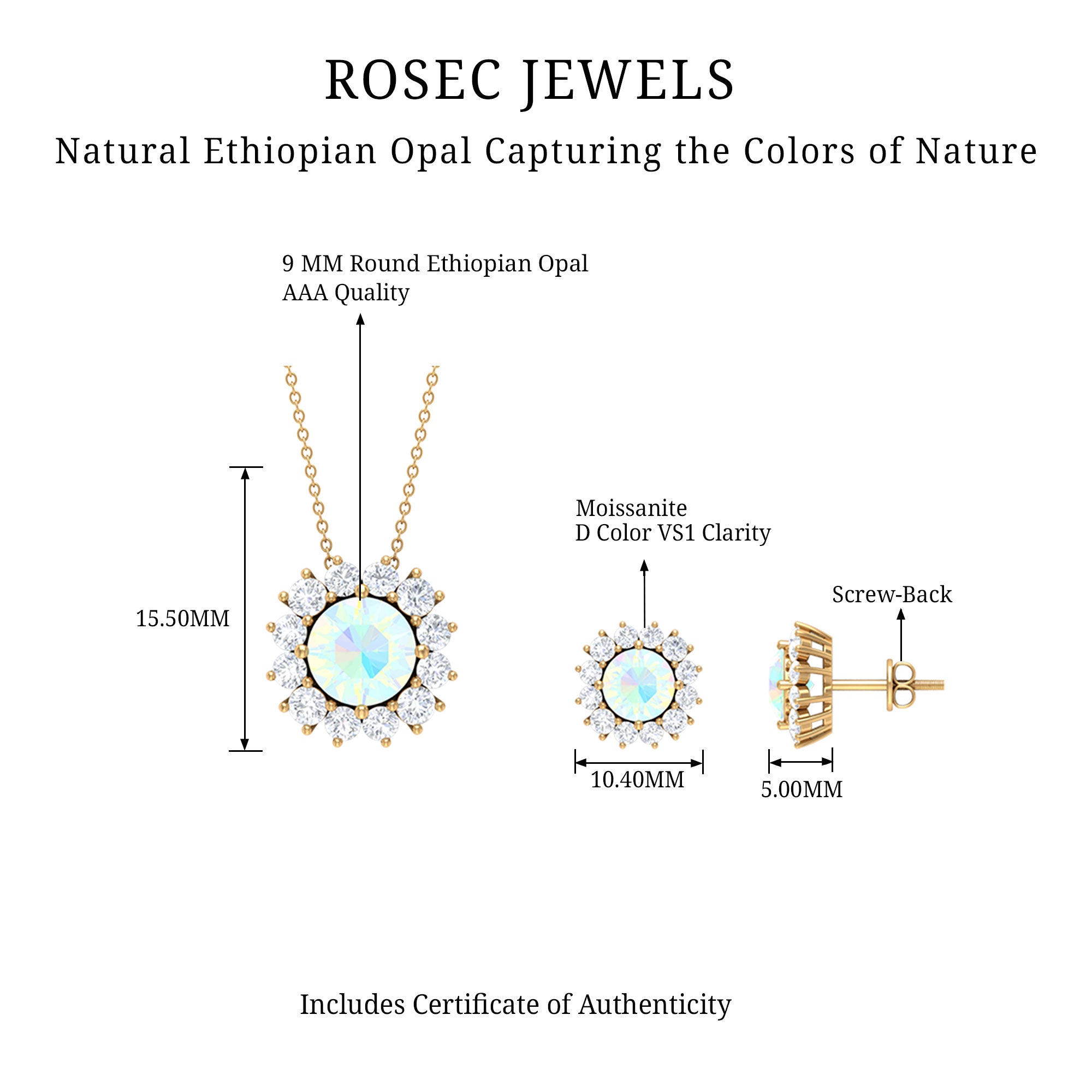 Ethiopian Opal and Moissanite Halo Pendant and Earrings Set Ethiopian Opal - ( AAA ) - Quality - Rosec Jewels