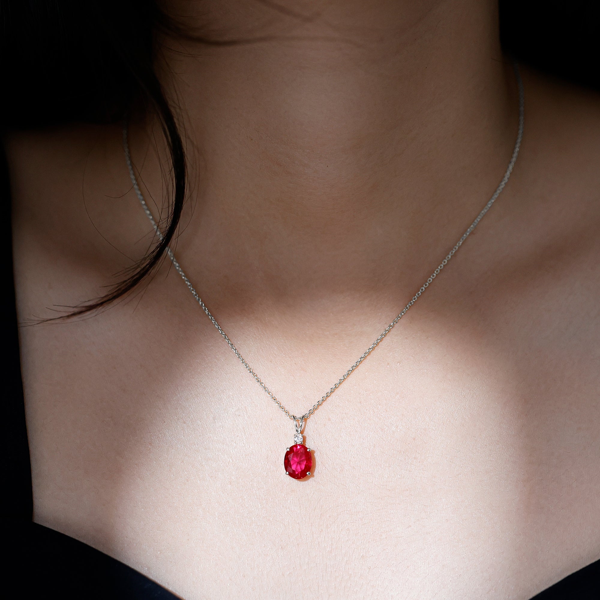 Solitaire Created Ruby Oval Pendant with Moissanite Lab Created Ruby - ( AAAA ) - Quality - Rosec Jewels