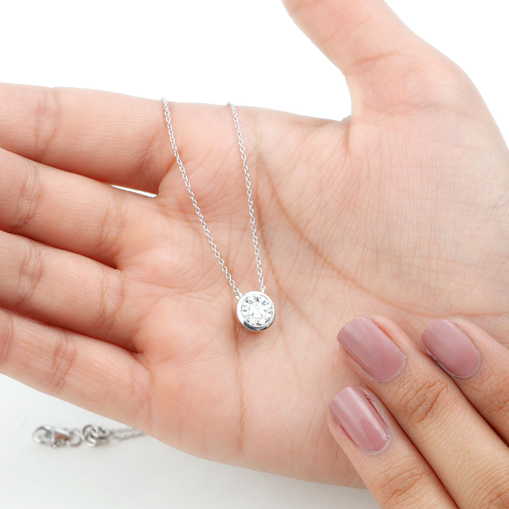 6.50 MM Simple Moissanite Solitaire Pendant Necklace in Silver - Rosec Jewels