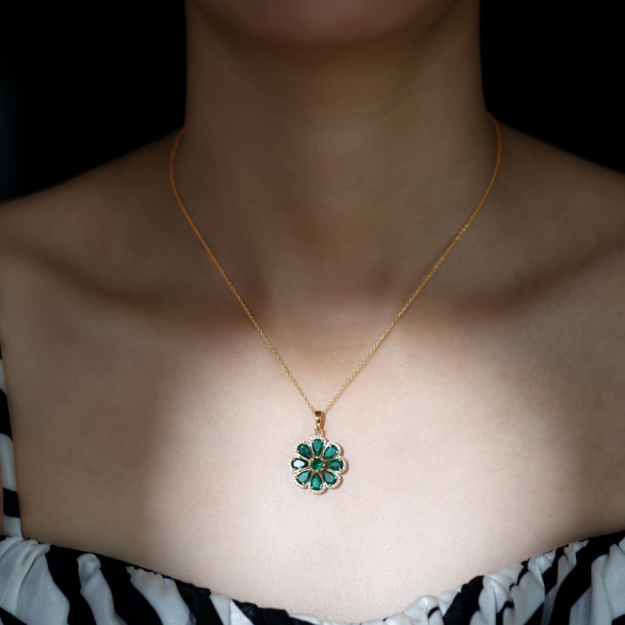 Pear Cut Created Emerald Flower Pendant with Zircon Accent Lab Created Emerald - ( AAAA ) - Quality - Rosec Jewels