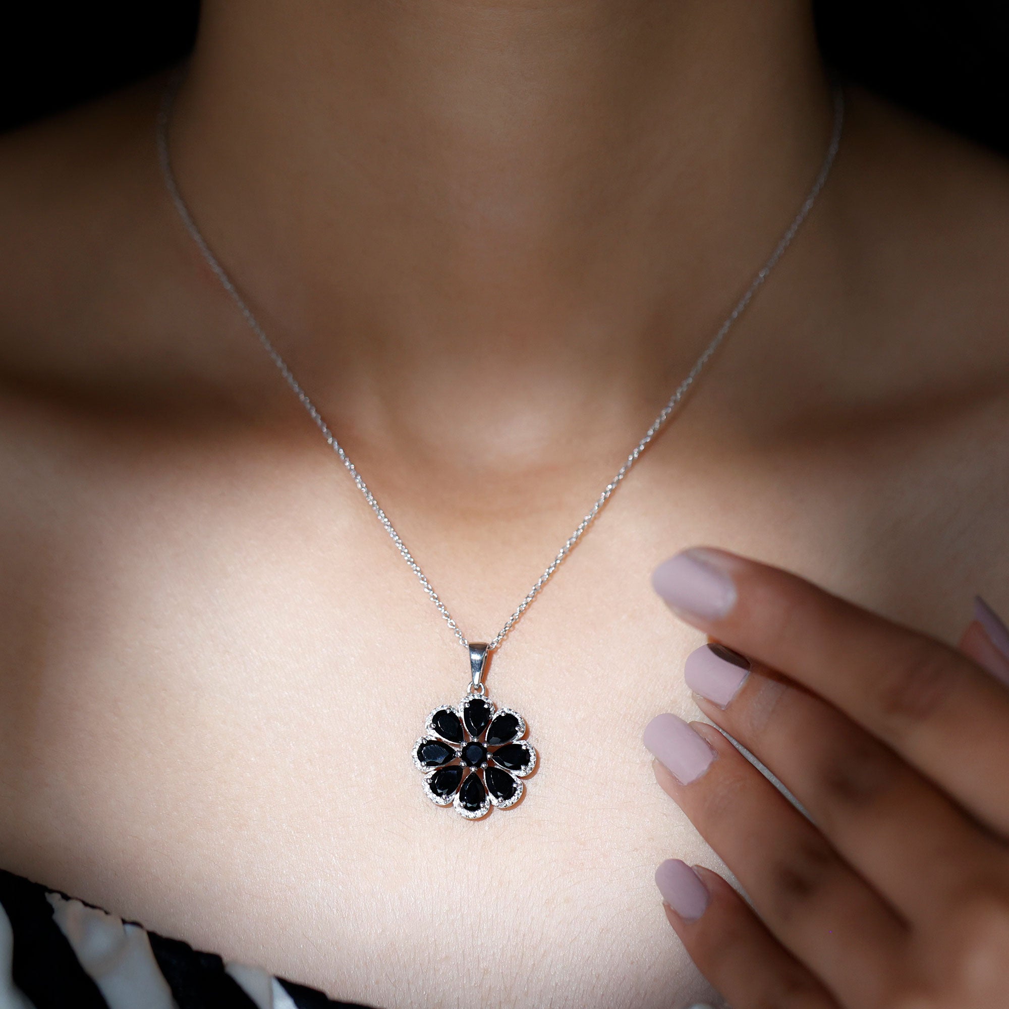 3.25 CT Black Spinel Flower Pendant with Moissanite Halo Black Spinel - ( AAA ) - Quality - Rosec Jewels