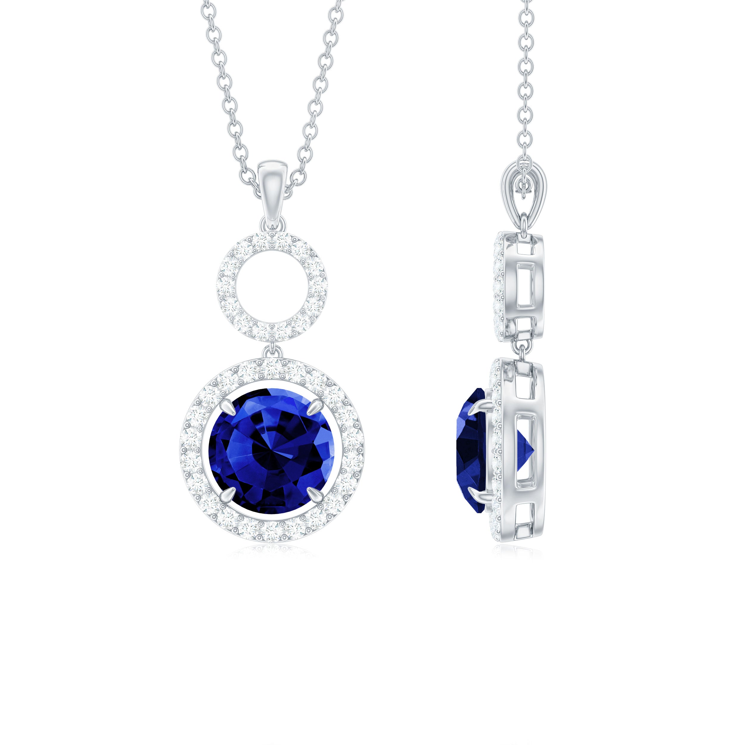 Lab-Created Blue Sapphire Halo Dangle Pendant with Moissanite Lab Created Blue Sapphire - ( AAAA ) - Quality - Rosec Jewels