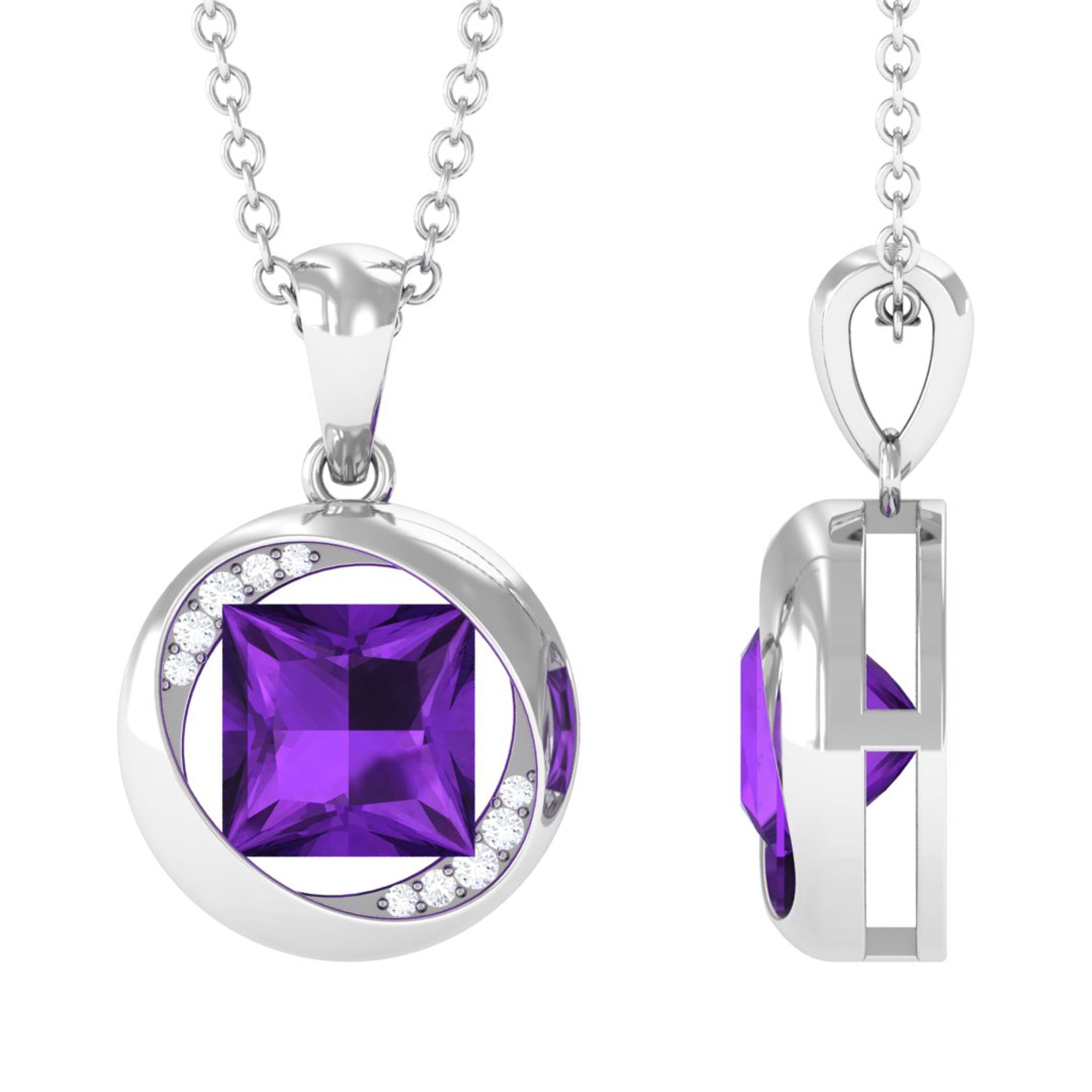 8 MM Princess Cut Amethyst Solitaire Pendant Necklace Amethyst - ( AAA ) - Quality 92.5 Sterling Silver - Rosec Jewels