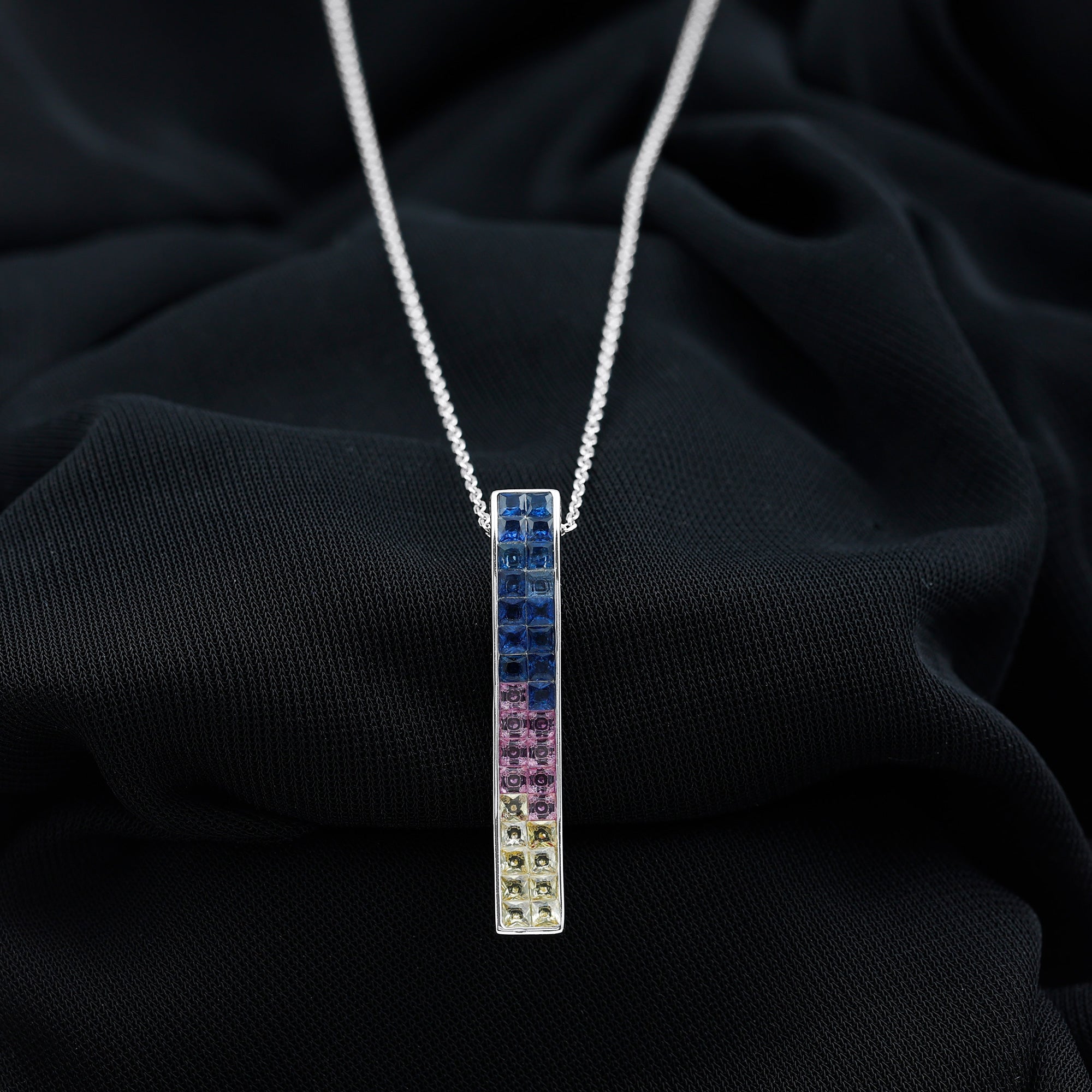 Minimal Rainbow Silver Bar Pendant Necklace with Multi Gemstone - Rosec Jewels