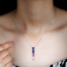 Minimal Rainbow Silver Bar Pendant Necklace with Multi Gemstone - Rosec Jewels