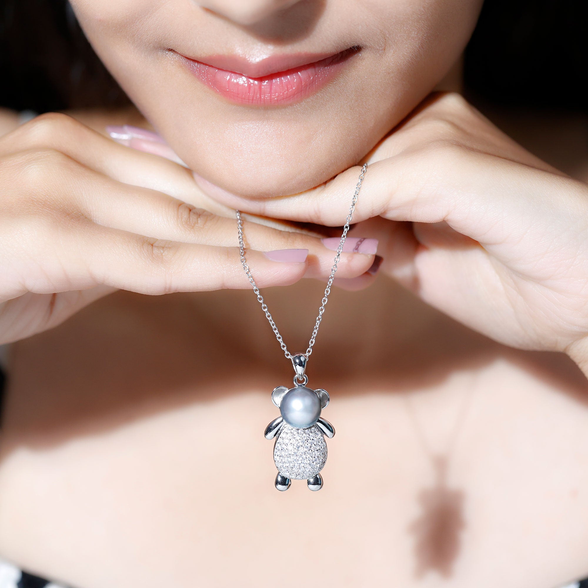 Teddy Bear Inspired Black Pearl Pendant Necklace in Silver - Rosec Jewels