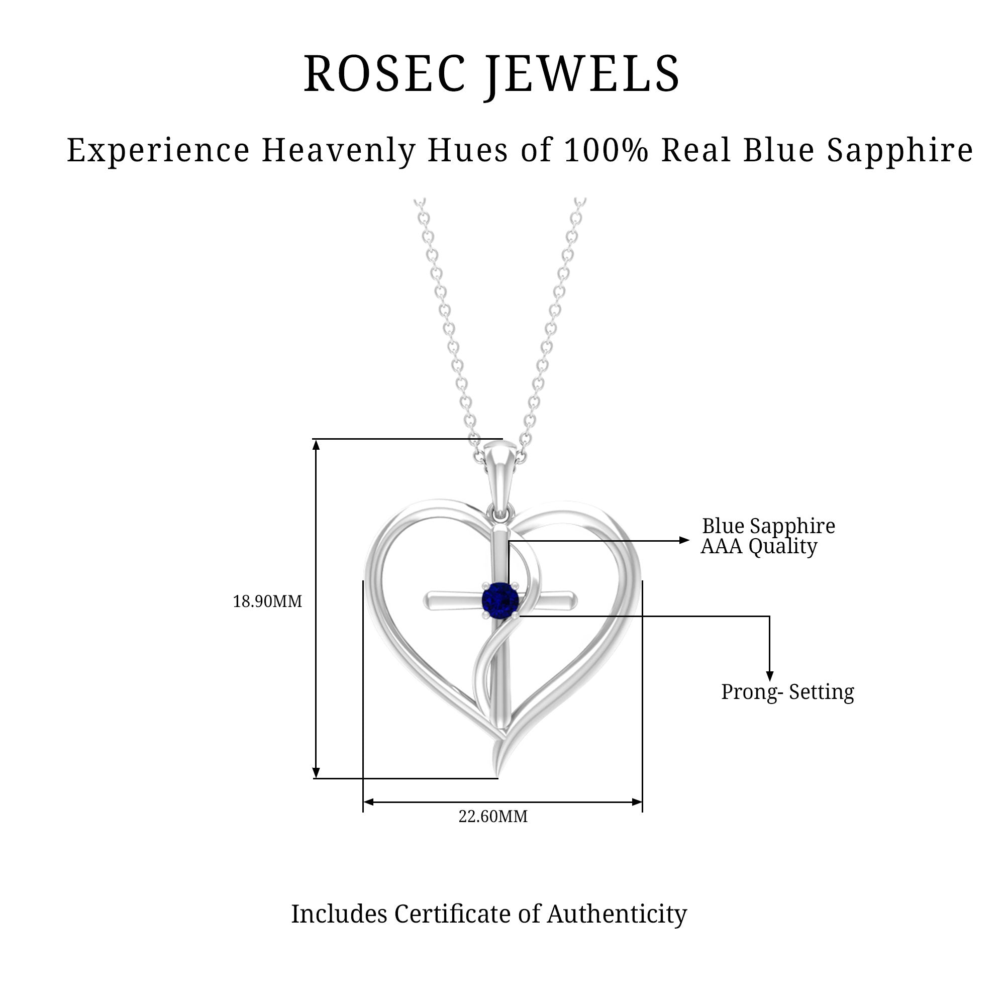 Natural Blue Sapphire Heart Cross Necklace for Women - Rosec Jewels