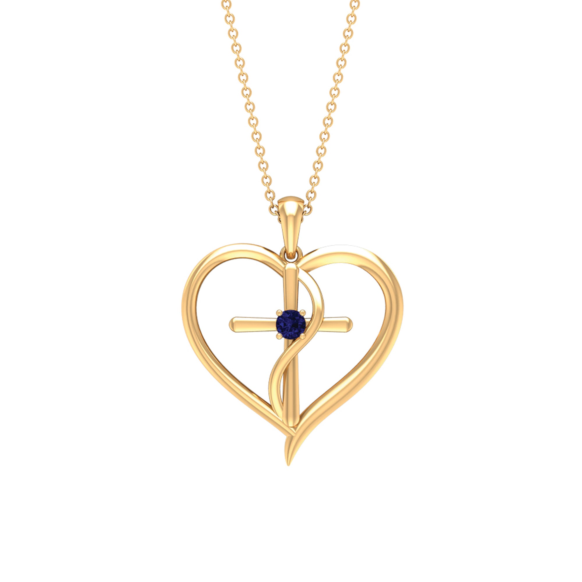 3 MM Blue Sapphire Cross Heart Necklace for Women Blue Sapphire - ( AAA ) - Quality - Rosec Jewels