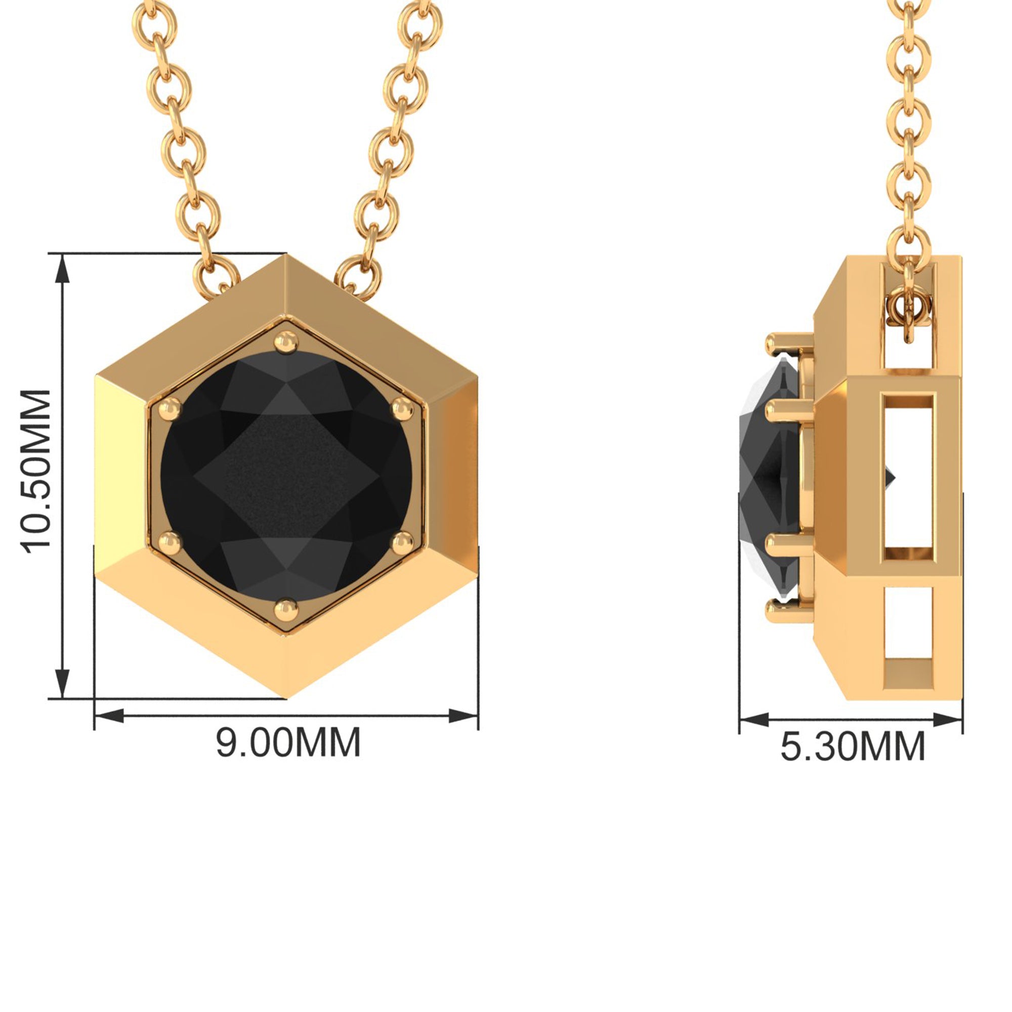 Round Created Black Diamond Gold Hexagon Pendant Necklace Lab Created Black Diamond - ( AAAA ) - Quality - Rosec Jewels