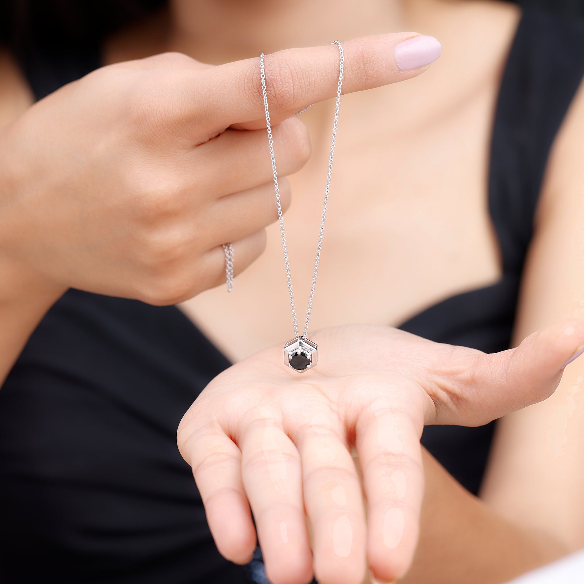 Round Created Black Diamond Gold Hexagon Pendant Necklace Lab Created Black Diamond - ( AAAA ) - Quality - Rosec Jewels