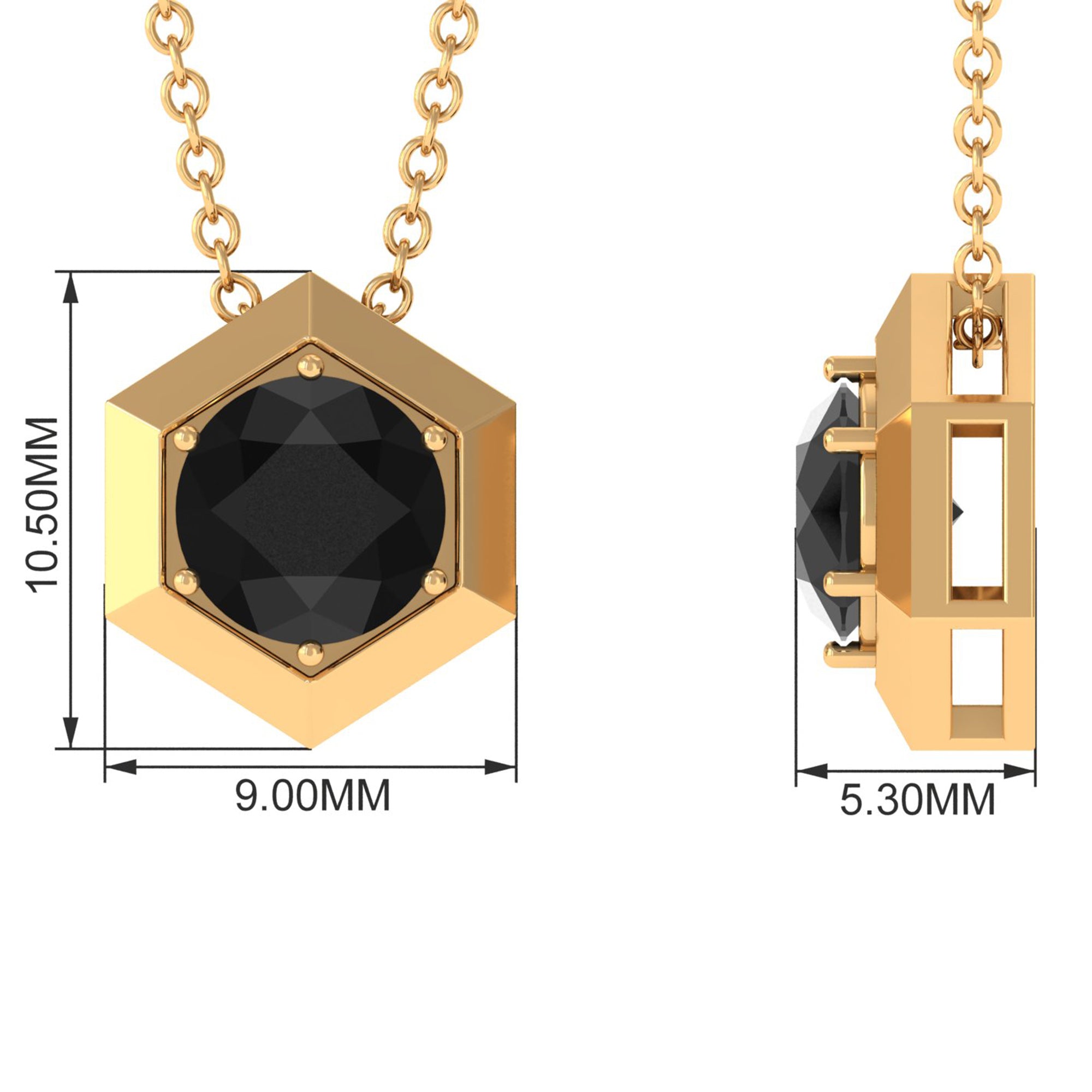 Round Created Black Diamond Gold Hexagon Pendant Necklace Lab Created Black Diamond - ( AAAA ) - Quality - Rosec Jewels