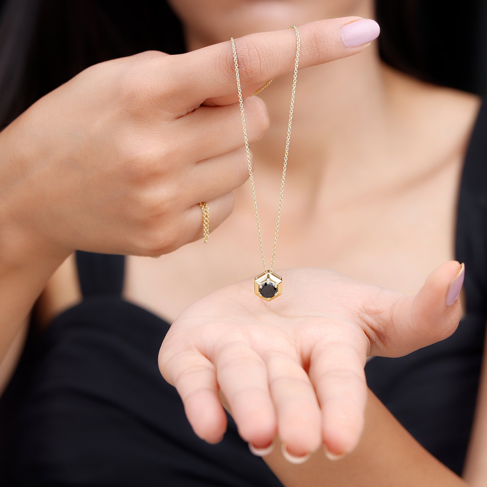 Round Created Black Diamond Gold Hexagon Pendant Necklace Lab Created Black Diamond - ( AAAA ) - Quality - Rosec Jewels