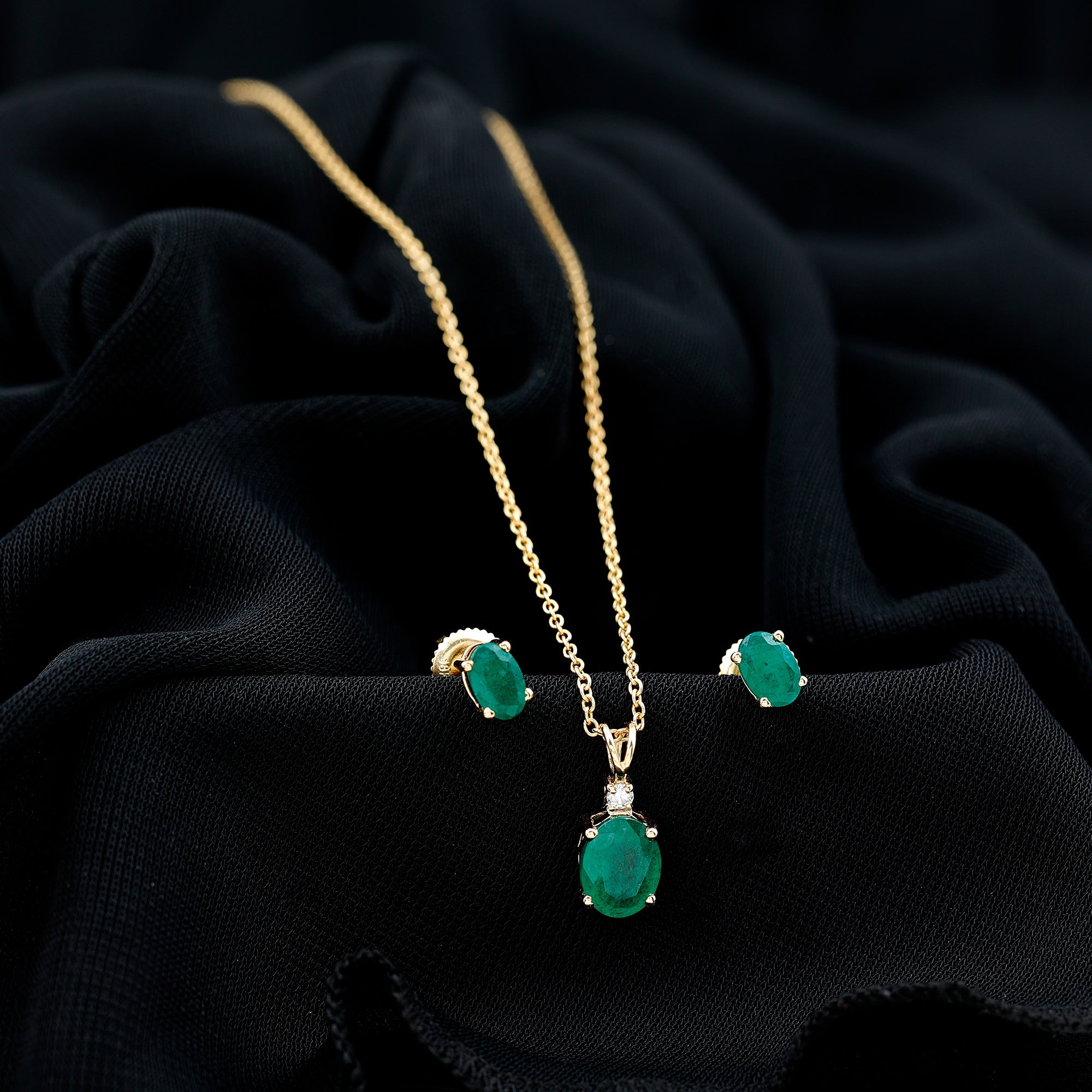 Oval Cut Emerald Solitaire Pendant and Earrings set with Moissanite Emerald - ( AAA ) - Quality - Rosec Jewels