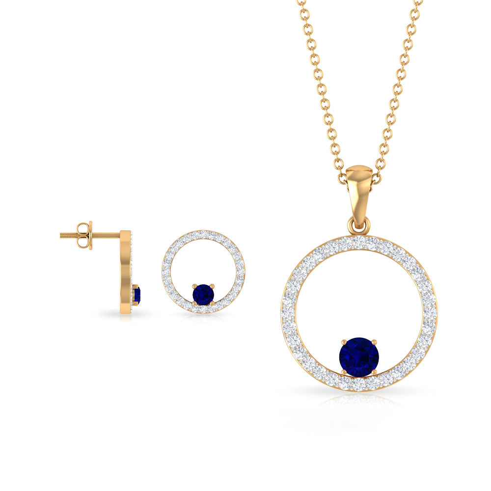 Created Blue Sapphire Eternity Pendant And Earrings Set With Moissanite Lab Created Blue Sapphire - ( AAAA ) - Quality - Rosec Jewels