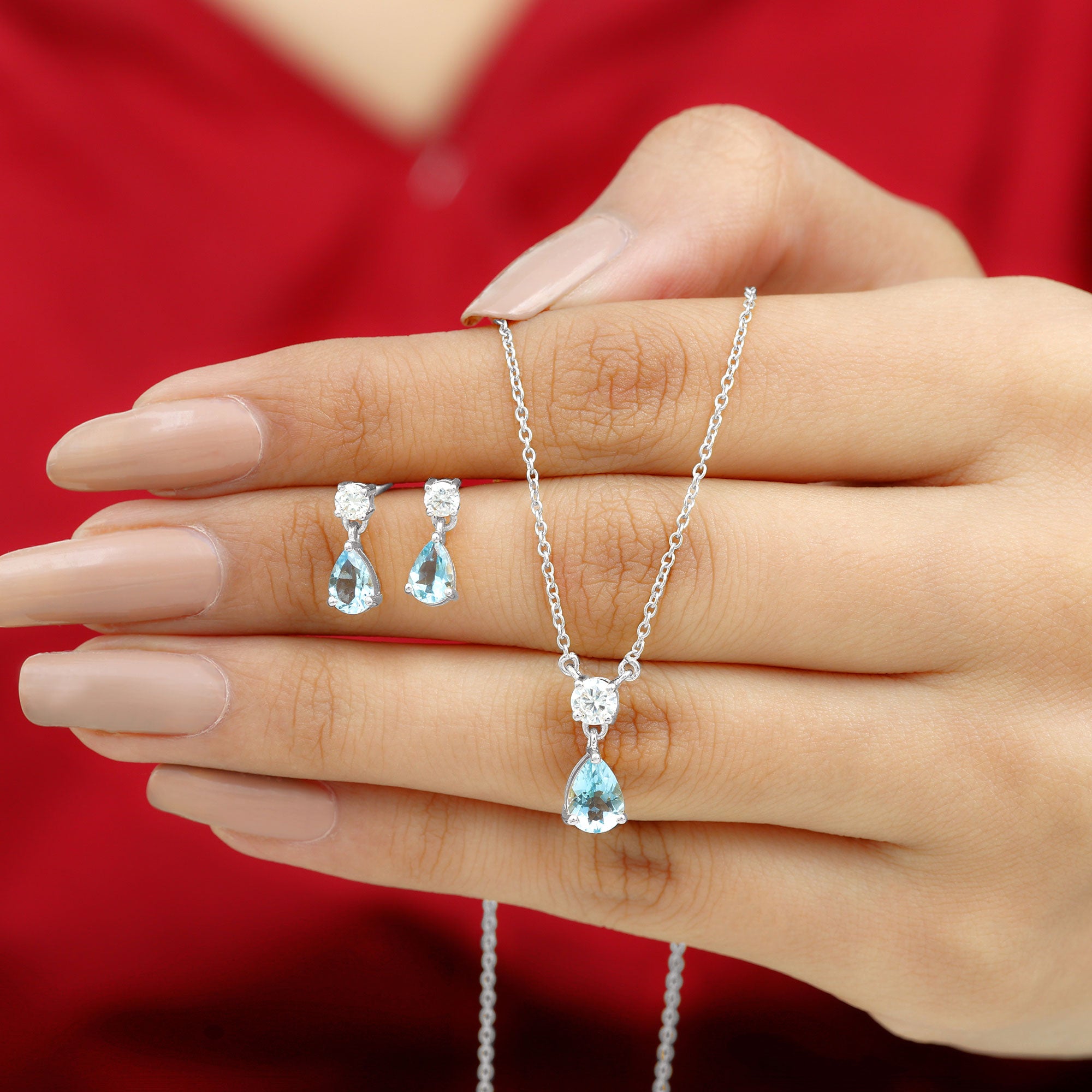 2.25 CT Pear Cut Aquamarine Tear Drop Jewelry Set with Moissanite Aquamarine - ( AAA ) - Quality - Rosec Jewels