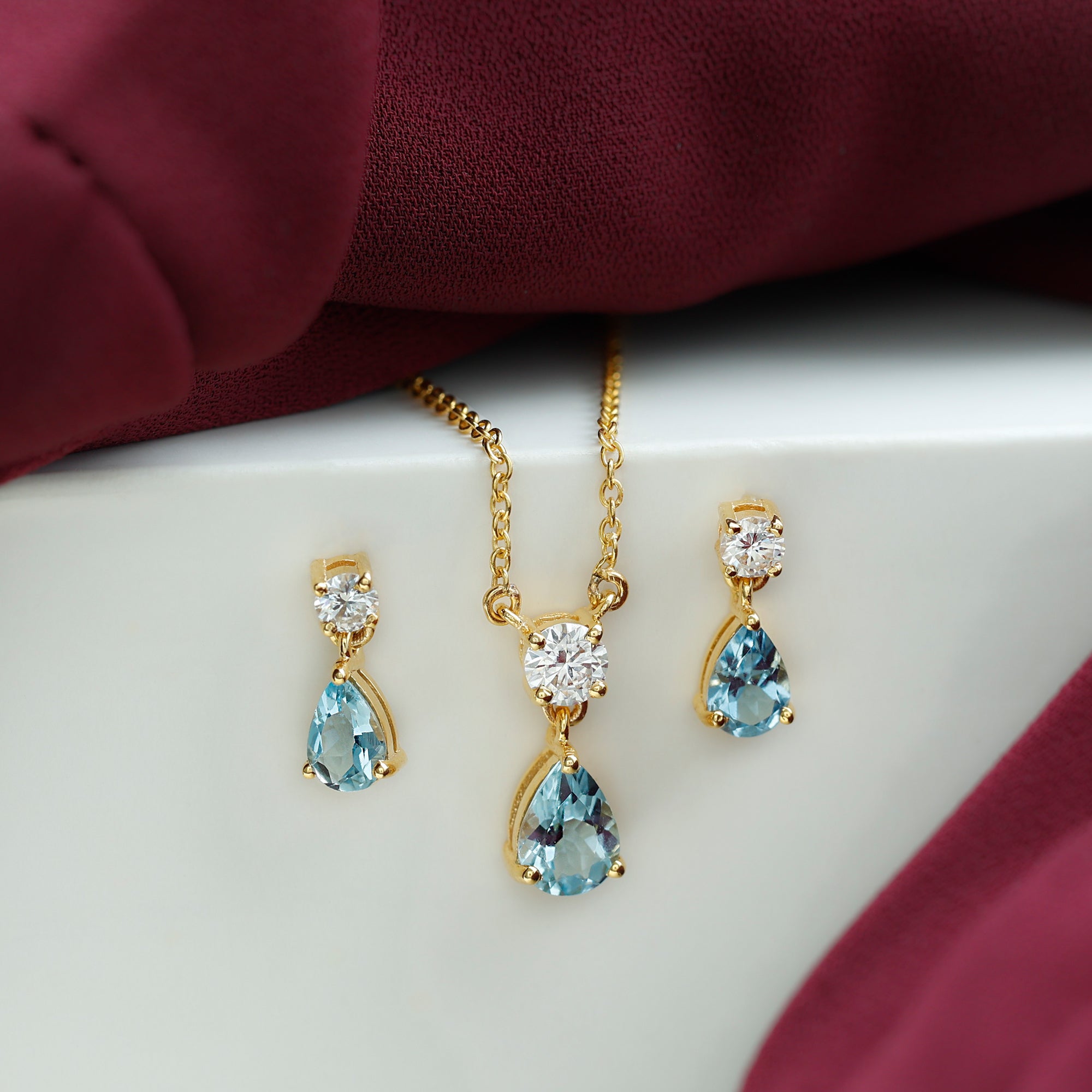 2.25 CT Pear Cut Aquamarine Tear Drop Jewelry Set with Moissanite Aquamarine - ( AAA ) - Quality - Rosec Jewels