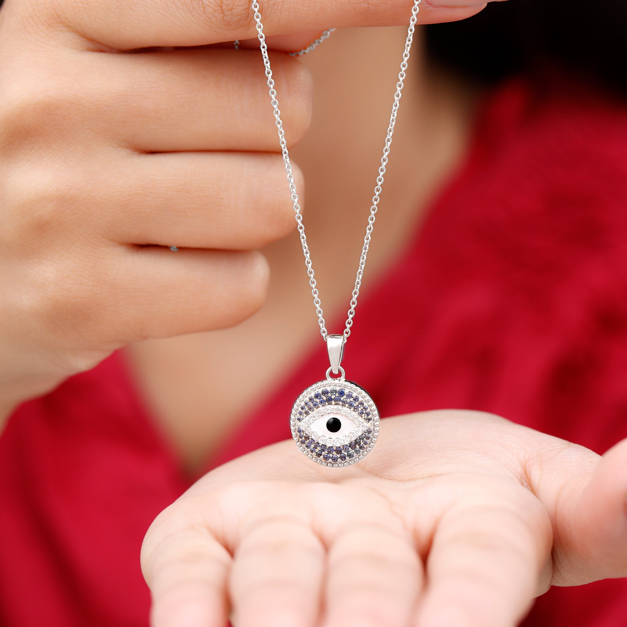 3/4 CT Created Blue Sapphire and Zircon Evil Eye Pendant Necklace in Silver - Rosec Jewels