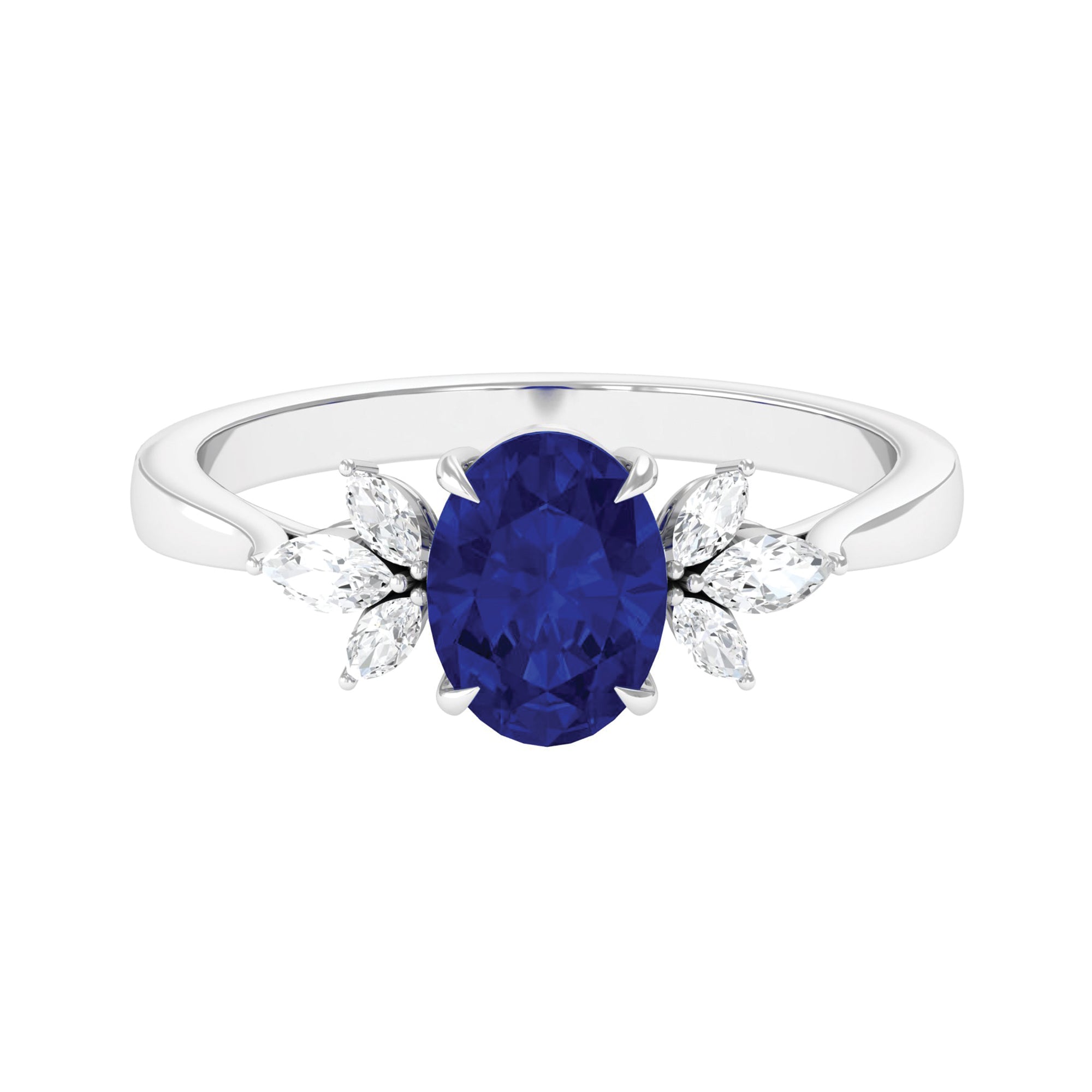 Oval Created Blue Sapphire Solitaire Ring with Diamond Trio Lab Created Blue Sapphire - ( AAAA ) - Quality - Rosec Jewels